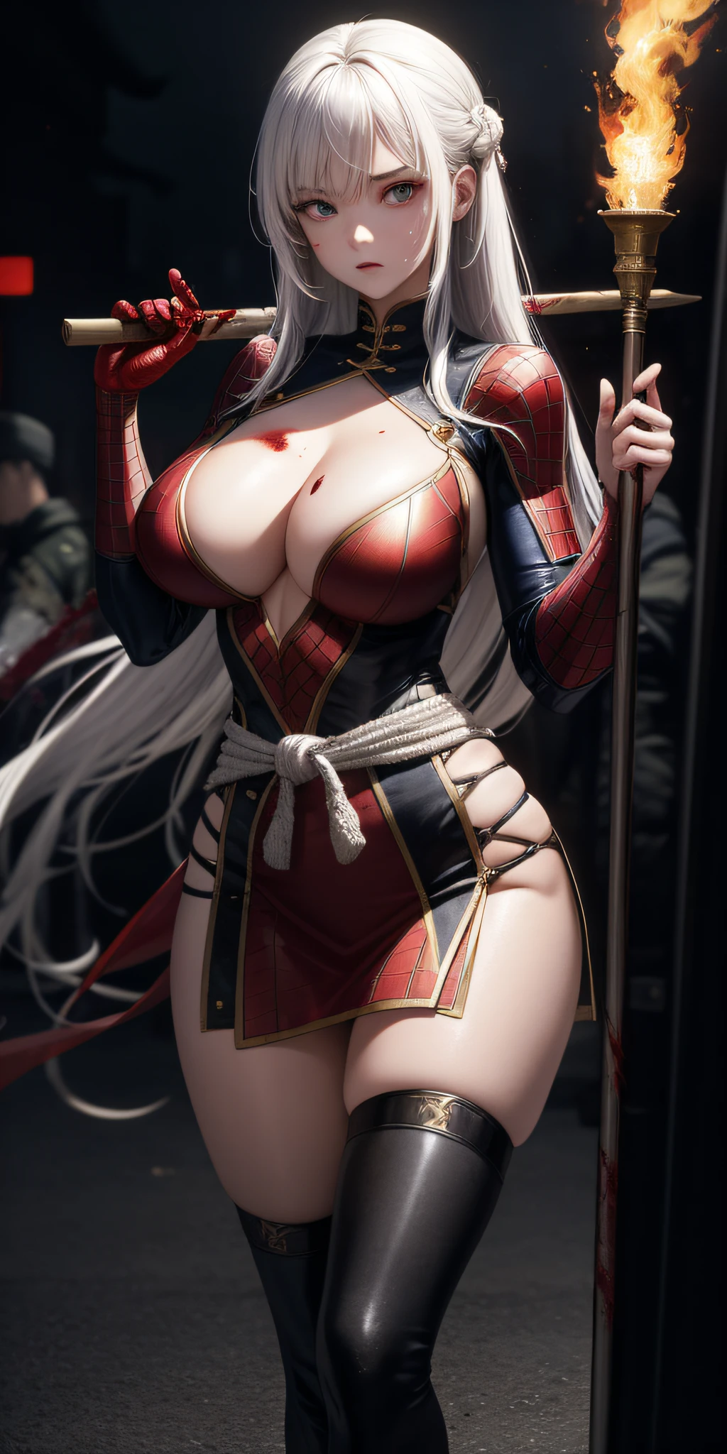1 girl, 32 years old, seductive, beautiful face, beautiful eyes, perfect body, wearing a spiderman underwear in the style of chinese armor, body is injured and bleeding, bleeding cuts on waist and thighs, torn clothes, Blood stains on the corner of the mouth, sagging breasts, protruding areola, areola visible, big thighs, big hips, stains and blood on the body, white hair, bloodthirsty expression, standing in the middle of the battlefield of the Three Kingdoms, left hand holding a long spear, lighting and cinematic design, high quality, road details