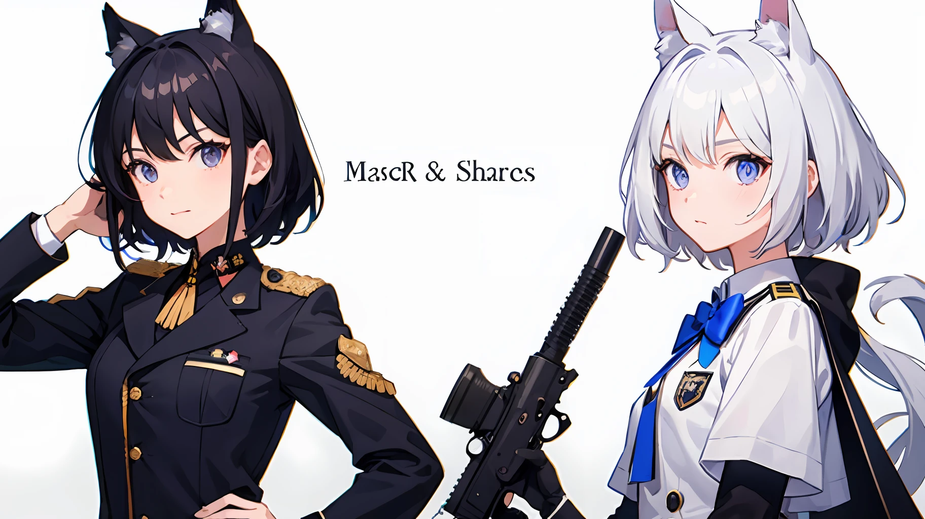 2girl simple background、And {{Master peace}}, short wavy hair, navy hair, black cat ear, Blue eyes,uniform、With a gun、discord、And {{Master peace}}, {{{maximum quality}}}, {{ultra- detailed}}, {{illustration}}, short hair,Purple eyes,Black hair,uniform、With a gun、discord、