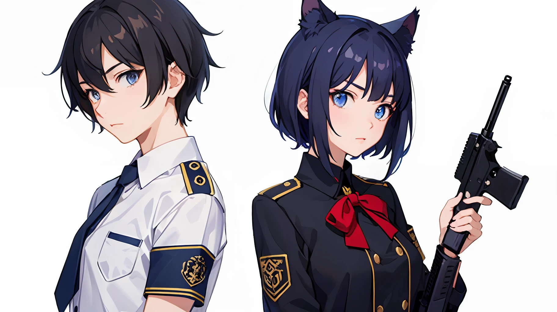 2girl simple background、And {{Master peace}}, short wavy hair, navy hair, black cat ear, Blue eyes,uniform、With a gun、discord、And {{Master peace}}, {{{maximum quality}}}, {{ultra- detailed}}, {{illustration}}, short hair,Purple eyes,Black hair,uniform、With a gun、discord、