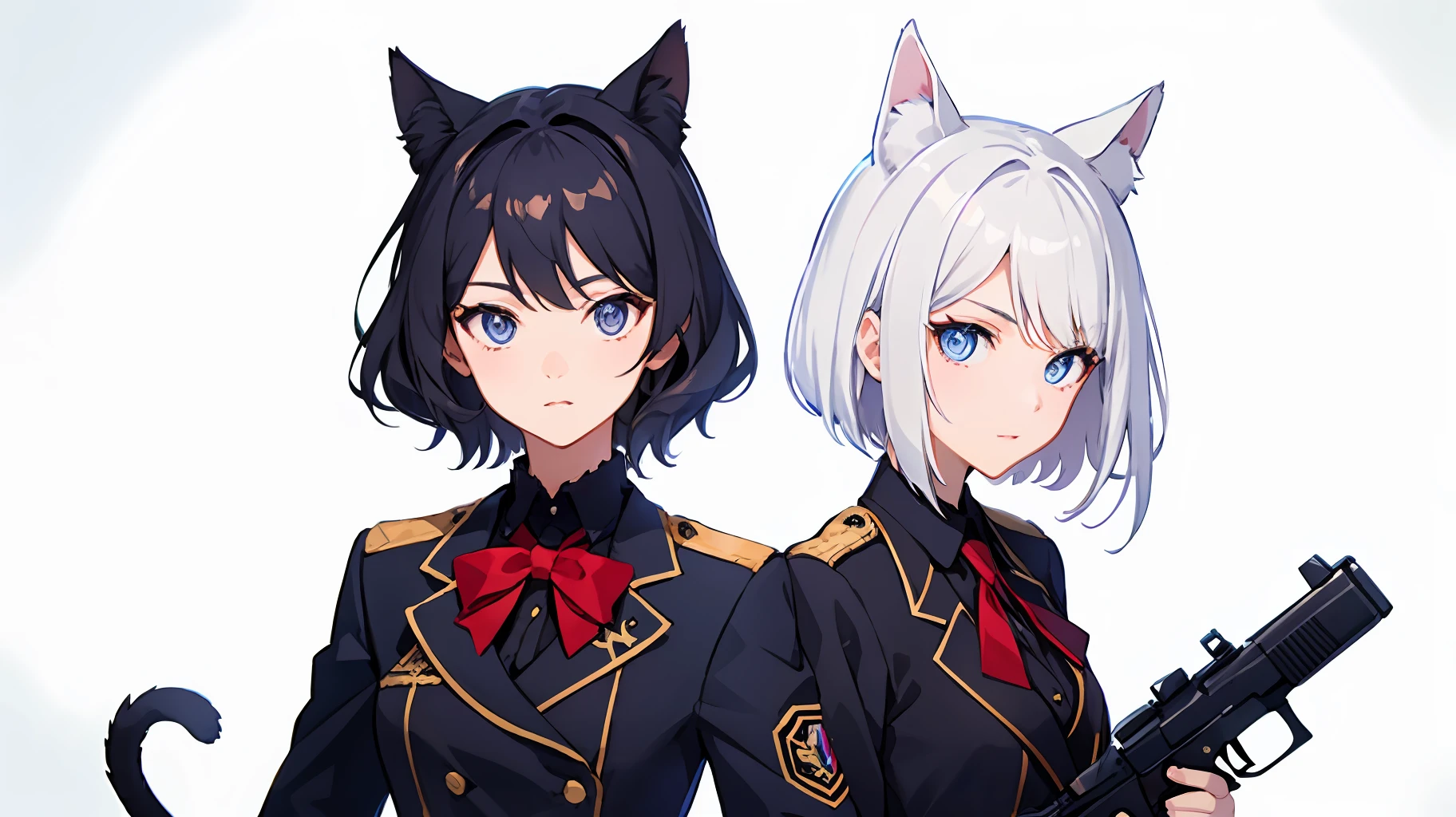 2girl simple background、And {{Master peace}}, short wavy hair, navy hair, black cat ear, Blue eyes,uniform、With a gun、discord、And {{Master peace}}, {{{maximum quality}}}, {{ultra- detailed}}, {{illustration}}, short hair,Purple eyes,Black hair,uniform、With a gun、discord、