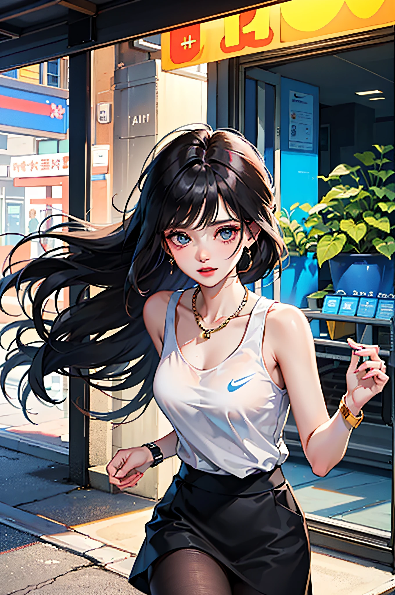 (best qualit,8K,A Masterpiece),(A pretty maiden,with long black hair,Long messy hair,curly hair,large eye:1.3,Long eyelashes,Delicate makeup:1.4,Sexy lips,Blushlush),(Exquisite watches,Reflective necklace,Bulgari's earrings,Bulgari's ring),(Take a walk in the streets,Capture,Street photography),(Fashionable outfits,dressed in a white t shirt,nike),(Middle breast,endure),(Black oily transparent pantyhose),(Black hip skirt),Light ripe,Royal sister,Optimal light,best shadow,Cinematic Lights,28 years old,1girle,Need,(realskin,Supple skin)raytracing,Unreal Engine 5,Reflective skin,Digital illustration,Game CG characters,Supermodel,(kpop,idol),(Body edge lighting,Colored light sources are around),There is wind blowing hair,Looking into the distance,