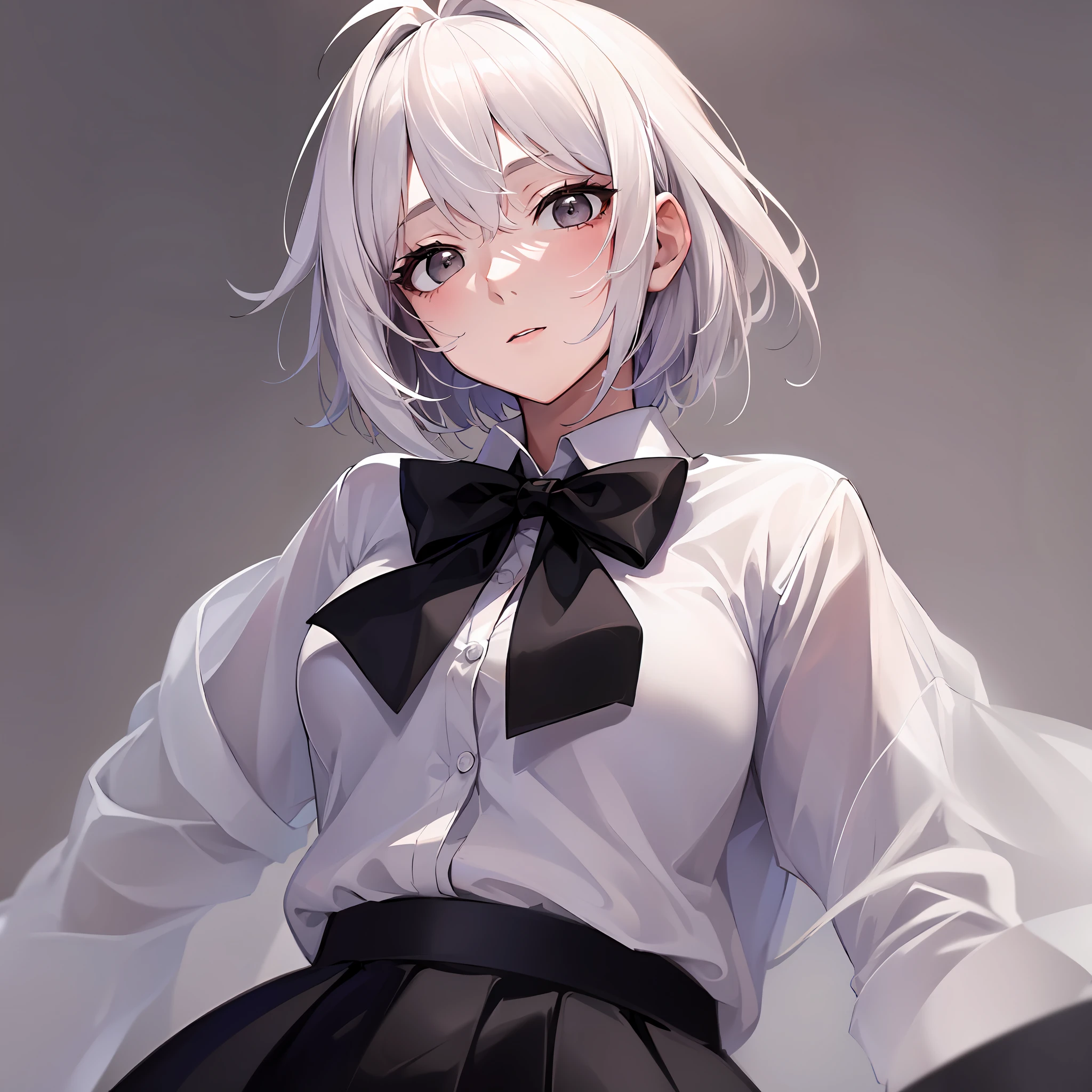 ((masterpiece, bestquality)), (a 1girl), (solo), (female focus), (ahoge, white hair, short Hair), Black Eyes, A slight smile, open mouth, ((white shirt), (un button shirt ), (Button tear)), ((black skirt), (short skirt)), standing up, White Background, arms behind back, Dynamic perspective, ((There is a lot of sperm on the face))