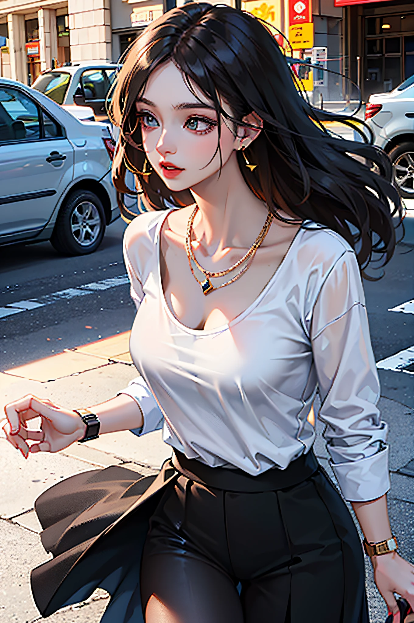 (best qualit,8K,A Masterpiece),(A pretty maiden,with long black hair,Long messy hair,curly hair,large eye:1.3,Long eyelashes,Delicate makeup:1.4,Sexy lips,Blushlush),(Exquisite watches,Reflective necklace,Bulgari's earrings,Bulgari's ring),(Take a walk in the streets,Capture,Street photography),(Fashionable outfits,dressed in a white t shirt,nike),(Middle breast,endure),(Black oily transparent pantyhose),(Black hip skirt),Light ripe,Royal sister,Optimal light,best shadow,Cinematic Lights,28 years old,1girle,Need,(realskin,Supple skin)raytracing,Unreal Engine 5,Reflective skin,Digital illustration,Game CG characters,Supermodel,(kpop,idol),(Body edge lighting,Colored light sources are around),There is wind blowing hair,Looking into the distance,