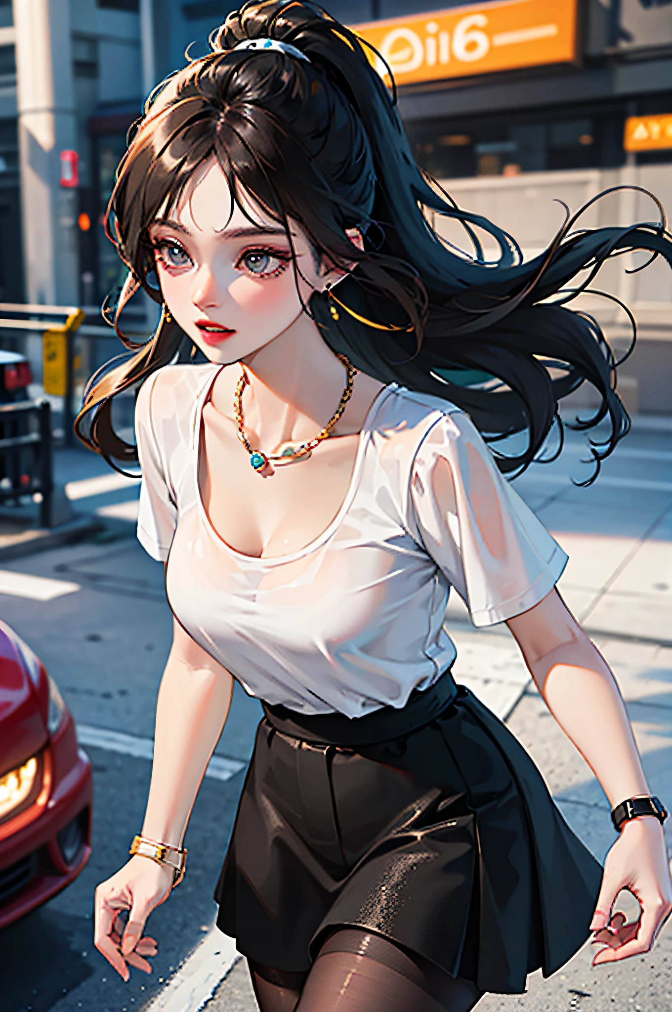 （best qualit，8K，A Masterpiece），(A pretty maiden，with long black hair，Long messy hair，curly hair，large eye:1.3，Long eyelashes，Delicate makeup:1.4，Sexy lips，Blushlush)，(Exquisite watches，Reflective necklace，Bulgari's earrings，Bulgari's ring)，(Take a walk in the streets，Capture，Street photography），（Fashionable outfits，dressed in a white t shirt，nike），（Middle breast，endure），(Black oily transparent pantyhose），（Black hip skirt），Light ripe，Royal sister，Optimal light，best shadow，Cinematic Lights，28 years old，1girle，Need，（realskin，Supple skin）raytracing，Unreal Engine 5，Reflective skin，Digital illustration，Game CG characters，Supermodel，（kpop,idol），(Body edge lighting，Colored light sources are around)，There is wind blowing hair，Looking into the distance，