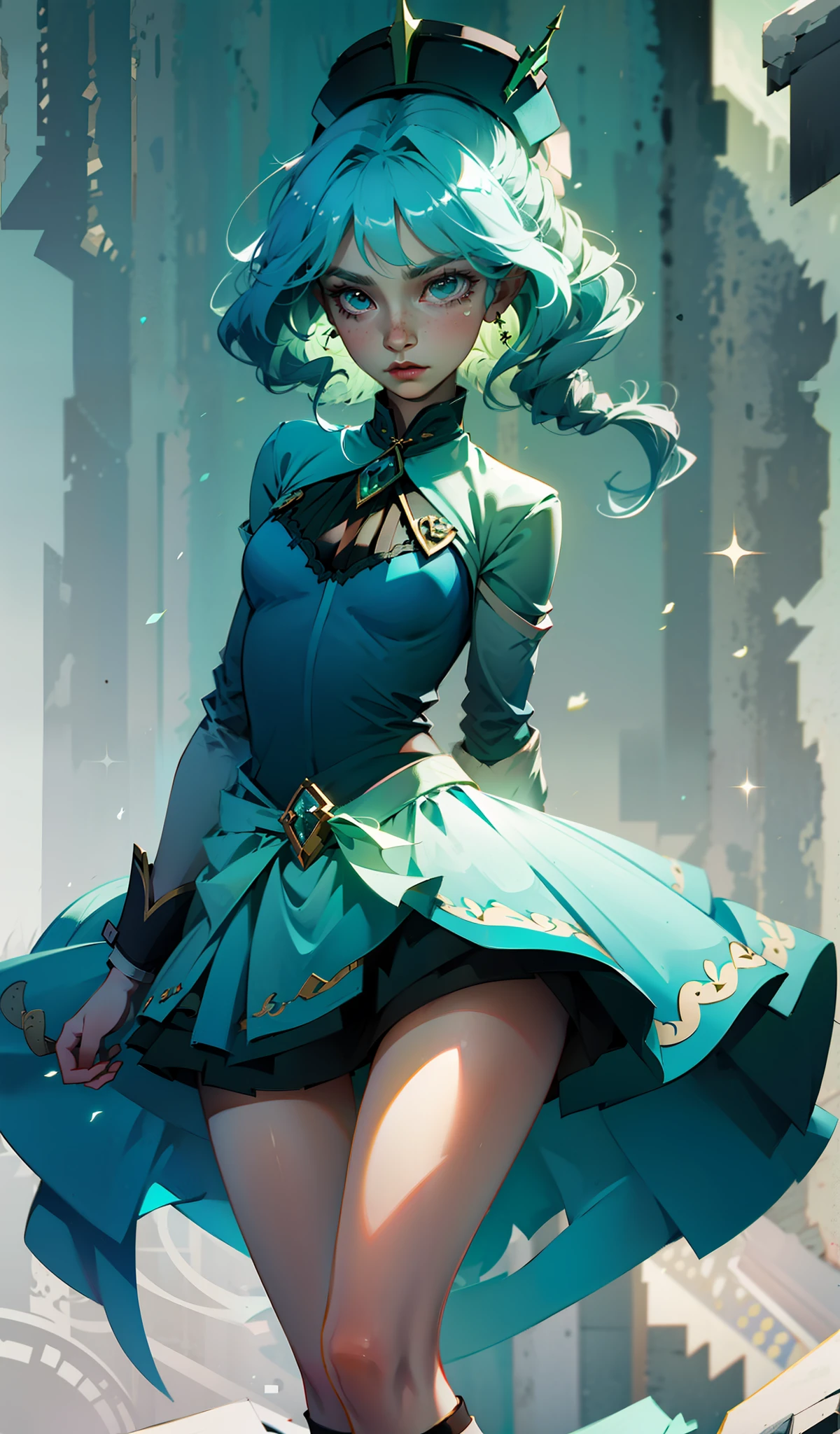 Magical girl, green color palette, cute, chibi, fluffy hat, diamonds in the sky