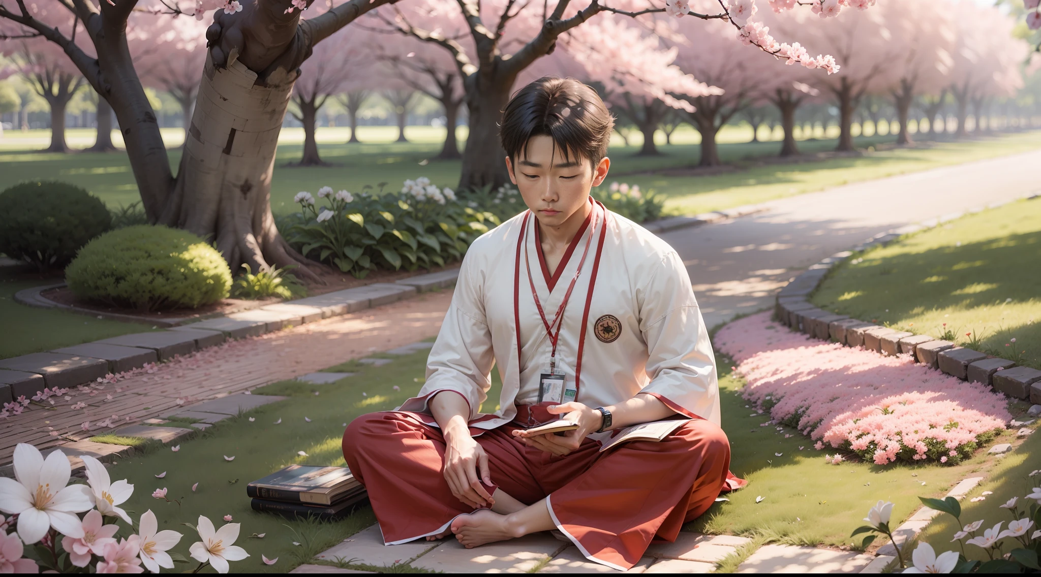 mestre Shinji meditando em seu jardim tranquilo, in the shade of a cherry blossom