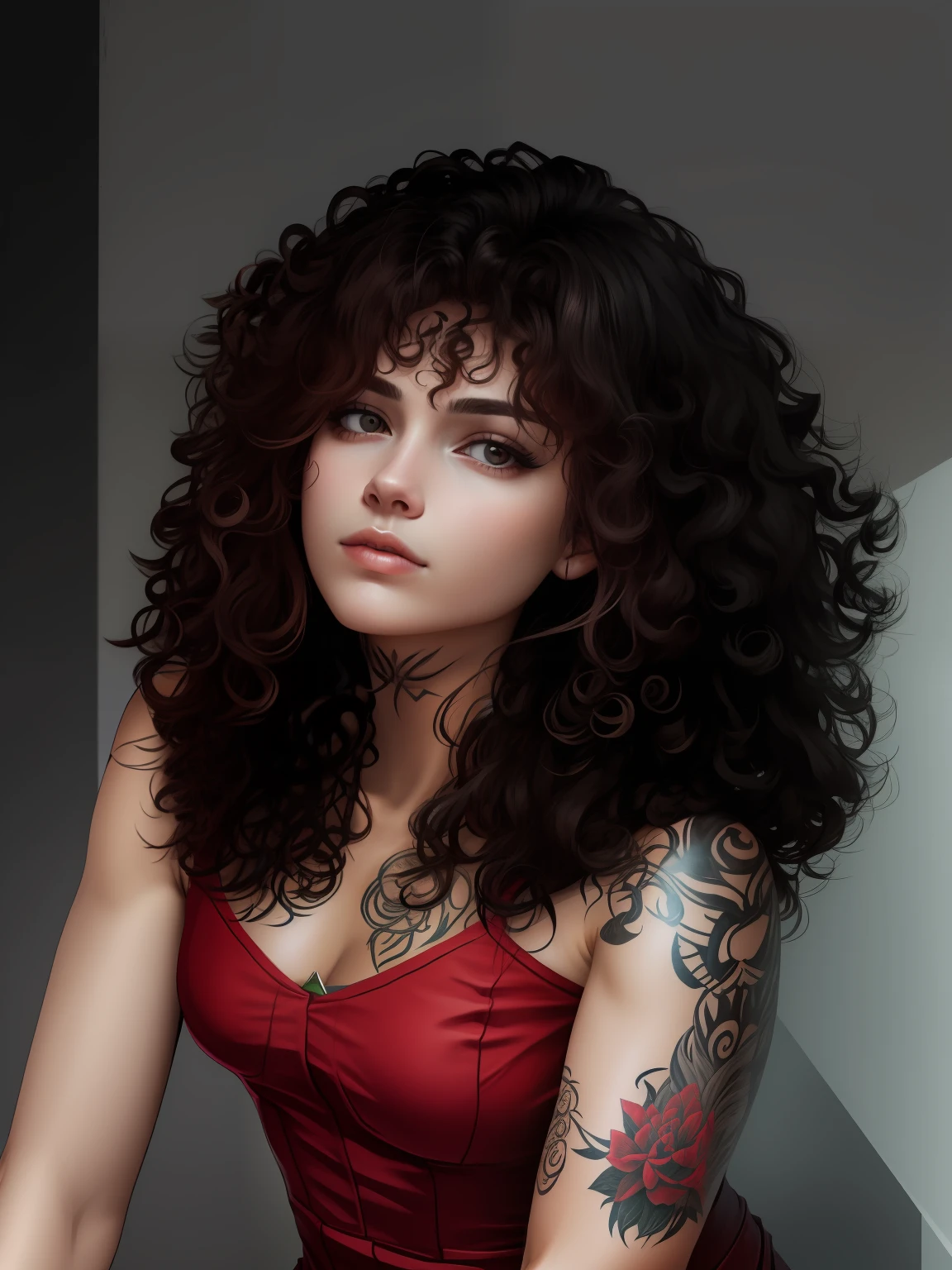 there is a woman with a tattoo on her arm and a red dress, franja encaracolado, cabelos castanhos cacheados, cabelos cacheados, cabelos castanhos cacheados, messy curly hair, long messy curly hair, cabelos cacheados, longos cabelos castanhos inchados cacheados, com longos cabelos cacheados, cabelos cacheados claros, (cabelos cacheados escuros e curtos), seu rosto emoldurado com cachos, com cacheado longo