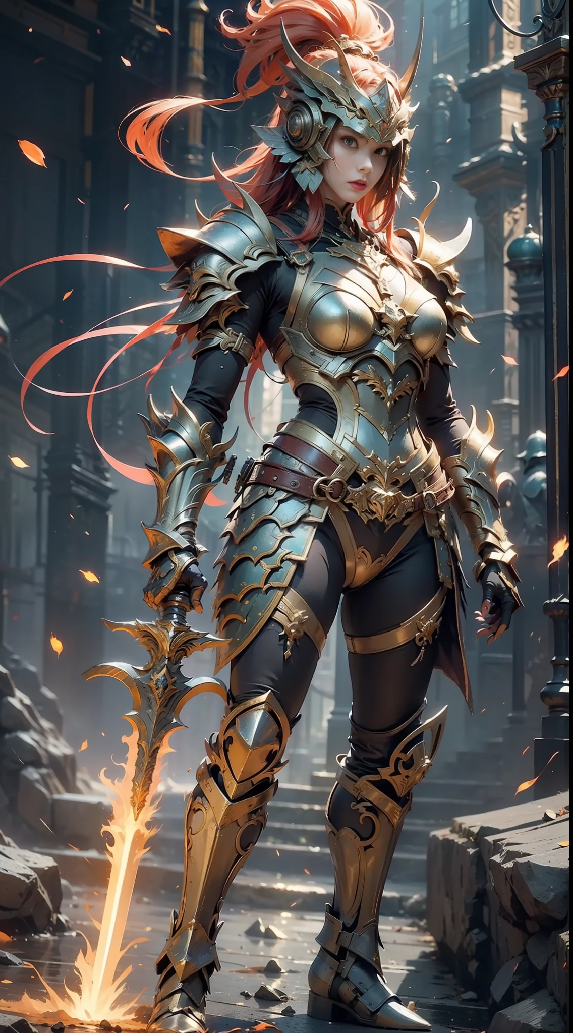 (Masterpiece, Top quality, Best quality, offical arts, Beautiful and aesthetic:1.2),(8K, Best quality, Masterpiece:1.2),CGDivine Sword SW, weapon, Sword, armor, holding, holding weapon, holding sword, solo, helmet, 1gril, Full armor, Shoulder armor, Standing, pauldrons, glowing, embers, female focus, gauntlets, fire, breast nail, flaming weapon, glowing weapon, flaming sword, Knight, Full body, yellow glow, orange grow,