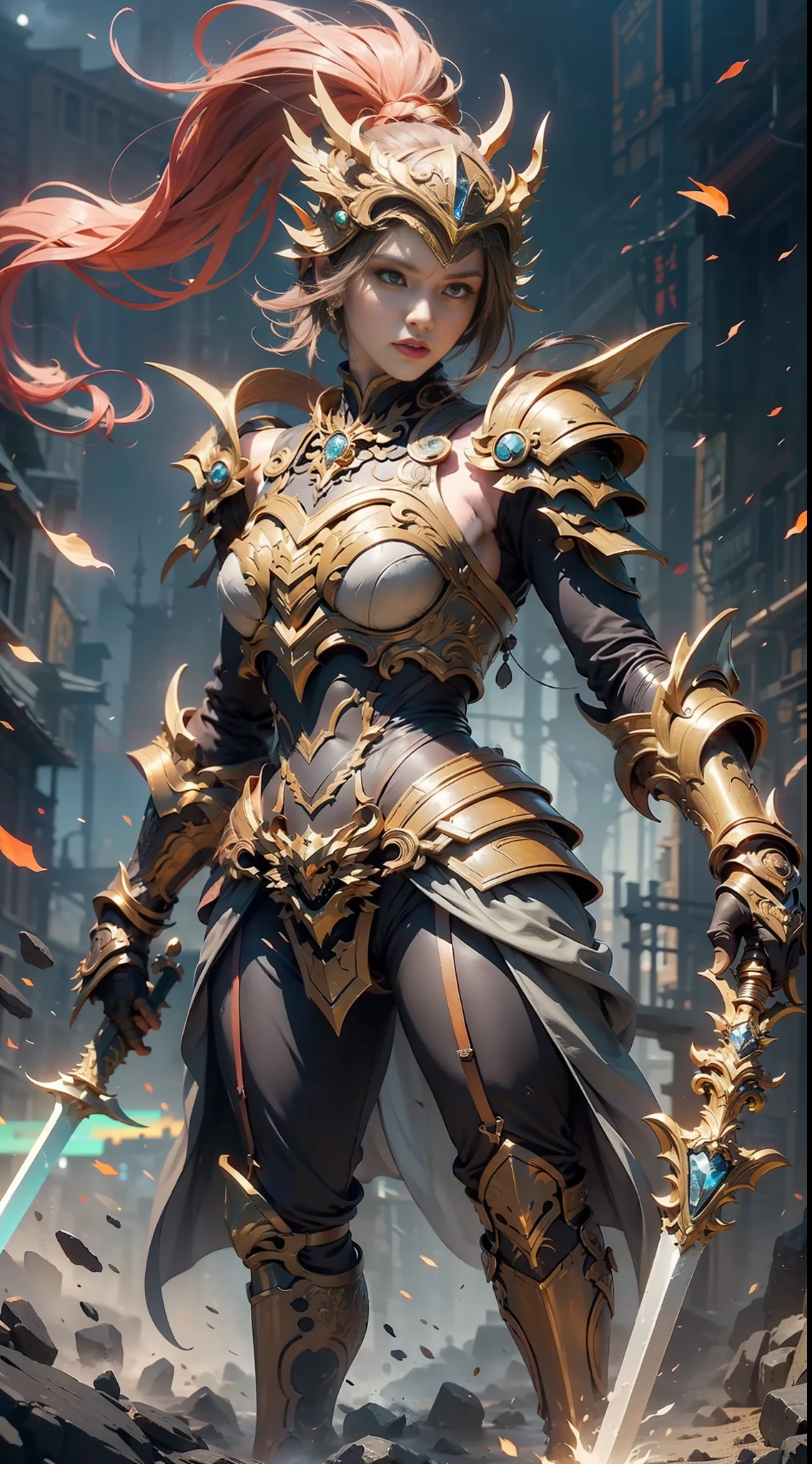 (Masterpiece, Top quality, Best quality, offical arts, Beautiful and aesthetic:1.2),(8K, Best quality, Masterpiece:1.2),CGDivine Sword SW, weapon, Sword, armor, holding, holding weapon, holding sword, solo, helmet, 1gril, Full armor, Shoulder armor, Standing, pauldrons, glowing, embers, female focus, gauntlets, fire, breast nail, flaming weapon, glowing weapon, flaming sword, Knight, Full body, yellow glow, orange grow,