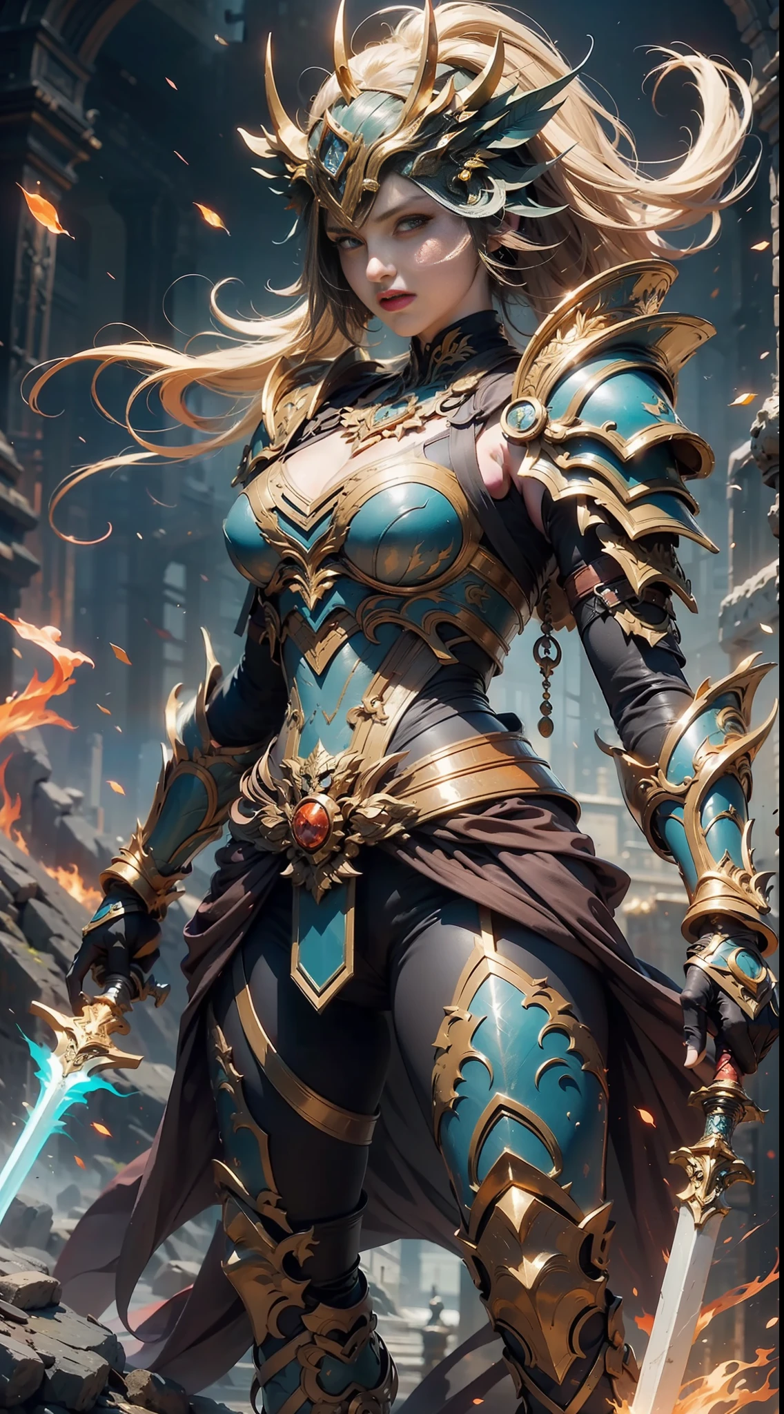 (Masterpiece, Top quality, Best quality, offical arts, Beautiful and aesthetic:1.2),(8K, Best quality, Masterpiece:1.2),CGDivine Sword SW, weapon, Sword, armor, holding, holding weapon, holding sword, solo, helmet, 1gril, Full armor, Shoulder armor, Standing, pauldrons, glowing, embers, female focus, gauntlets, fire, breast nail, flaming weapon, glowing weapon, flaming sword, Knight, Full body, yellow glow, orange grow,