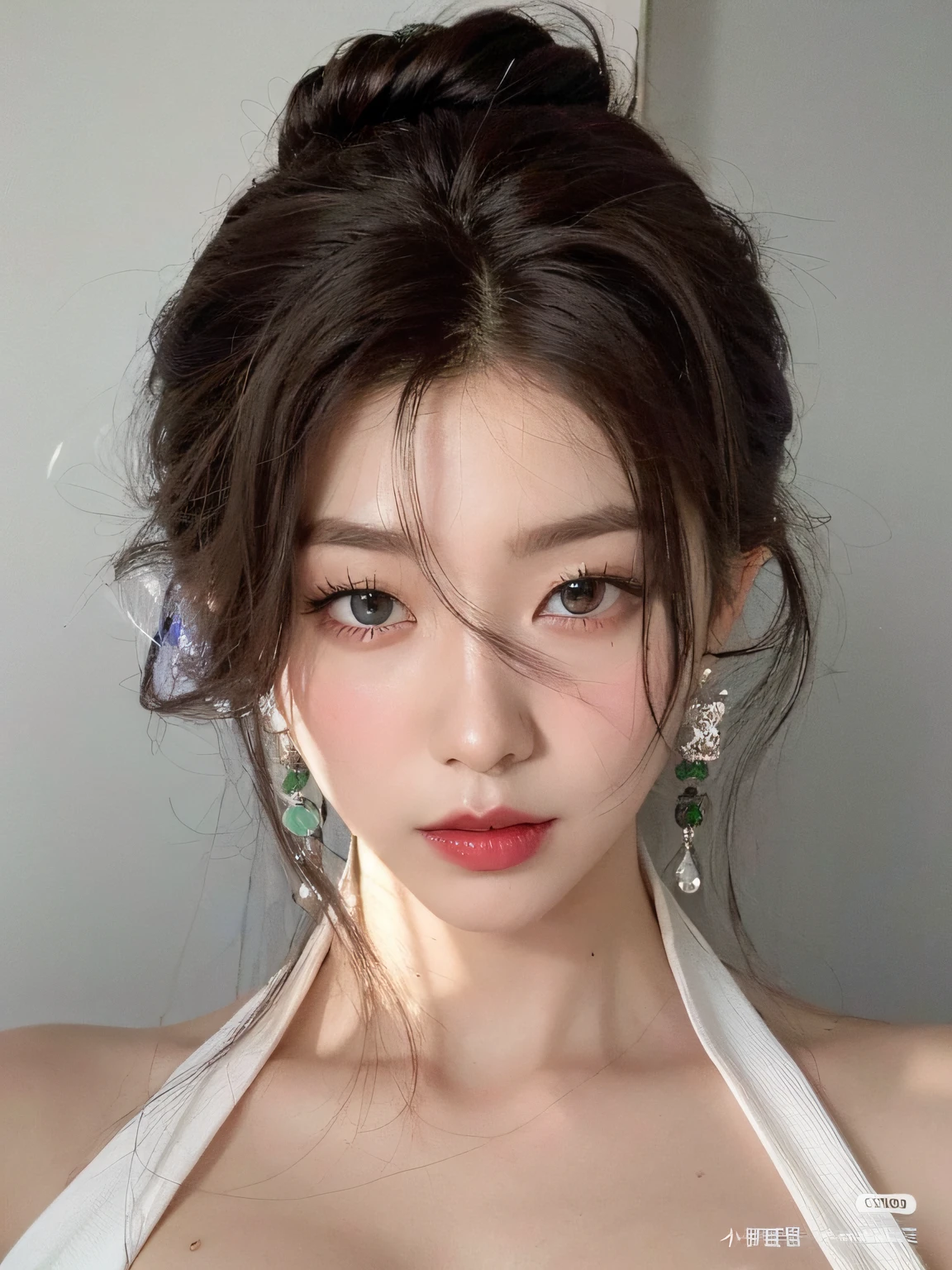 White top，Allard woman with green eyes and red lips, popular korean makeup, Popular Korean makeup, Sexy face，Full of makeup, Beautiful Korean Woman, ulzzang, yanjun cheng, Korean girls, gorgeous korean young woman, gorgeous chinese model, sakimichan, Beautiful young Korean woman, inspired by Yanjun Cheng