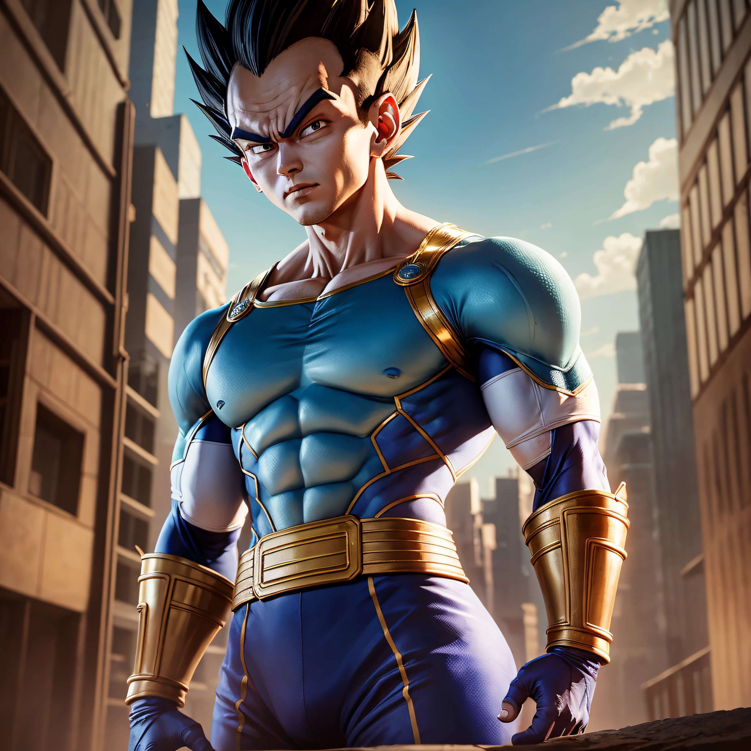 Vegeta, super sayagin 5, 20 years old with fair skin is a real masterpiece of male beauty, Anatomically perfect from the modern man standing tall in an abandoned haunted city. Moonlight accentuates your muscles and scars. Lush and mysterious landscapes, with the dark city. Neighborhoods. The camera details everything. When looking into beautiful eyes, have sexy eyes that will attract the opposite person Those eyes are directed at the beholder, You can clearly see every little detail and every perfect line, every beautiful leather detail with 8K quality, Everyone is captivated by the confidence that radiates from every glance. His head has white hair and his face is painted in great detail using 8K quality images. As a character in the Dragon Ball series. Gliulian art style, The official artwork is very detailed, jin shan, Official art --auto