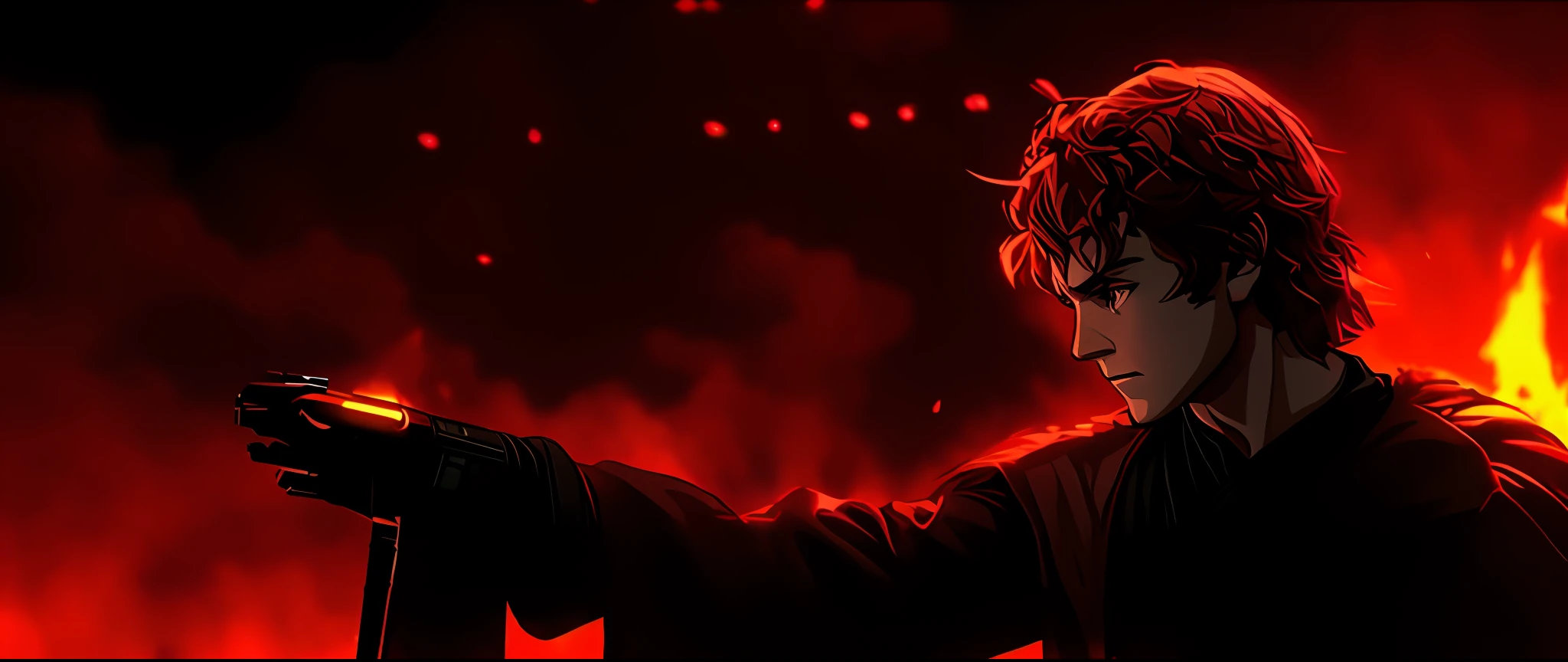 There's a man holding an anime-style gun, Demon Slayer, detalhado, em um quarto escuro, fire behind him, Frodo em Star Trek, No filme Duna, Mustafar, Willem Dafoe como um Lorde Sith, Demon slayer style, Cinematic Red Lighting anime, Anakin Skywalker, Frodo, thanos como Frodo baggins, No filme Duna 2 0 2 , red and cinematic lighting, Ufotable Studio Style.