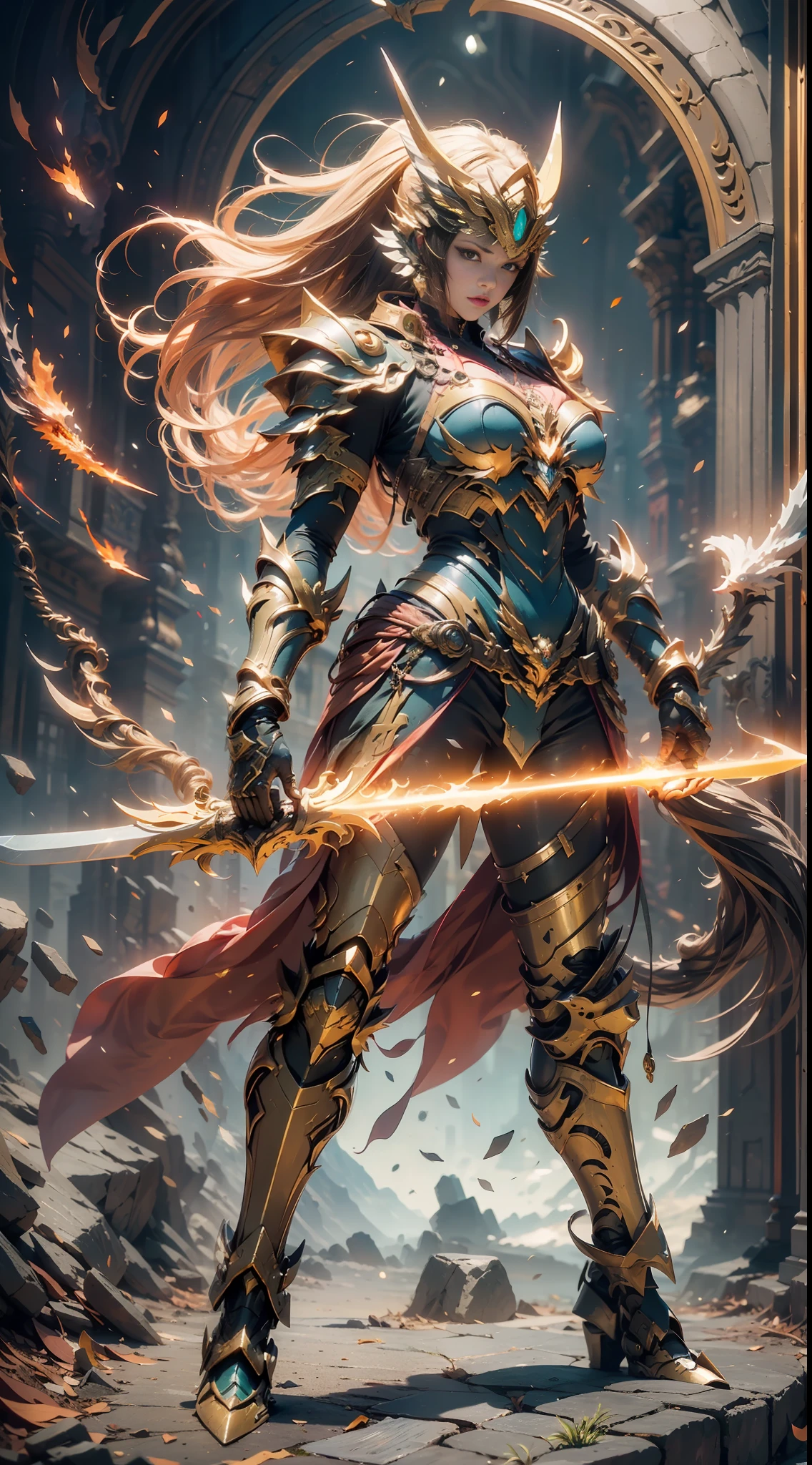 (Masterpiece, Top quality, Best quality, offical arts, Beautiful and aesthetic:1.2),(8K, Best quality, Masterpiece:1.2),CGDivine Sword SW, weapon, Sword, armor, holding, holding weapon, holding sword, solo, helmet, 1gril, Full armor, Shoulder armor, Standing, pauldrons, glowing, embers, female focus, gauntlets, fire, breast nail, flaming weapon, glowing weapon, flaming sword, Knight, Full body, yellow glow, orange grow,