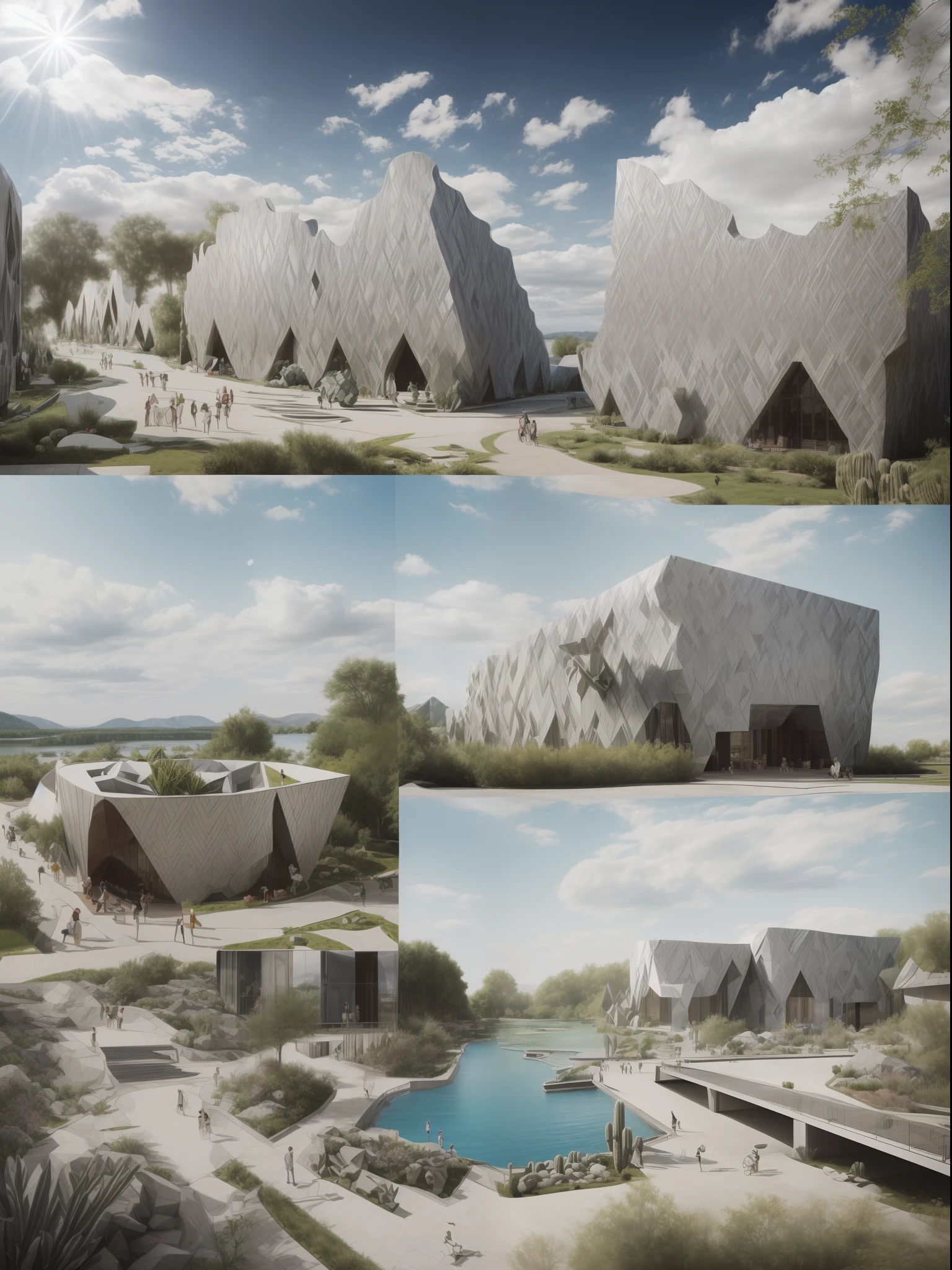 An illustration, ((collage style)), (((multiple Bjarke Ingels's style buildings))), (((Marie-Laure Cruschi's art style))), (sections), ((Desaturated colors)), Cbig boulders), ((lake)), cacti, (smooth clouds), a bridge, stairs, the moon, big buildings, abundant vegetation, bushes, (((big geometric sculptures))), hard shadows