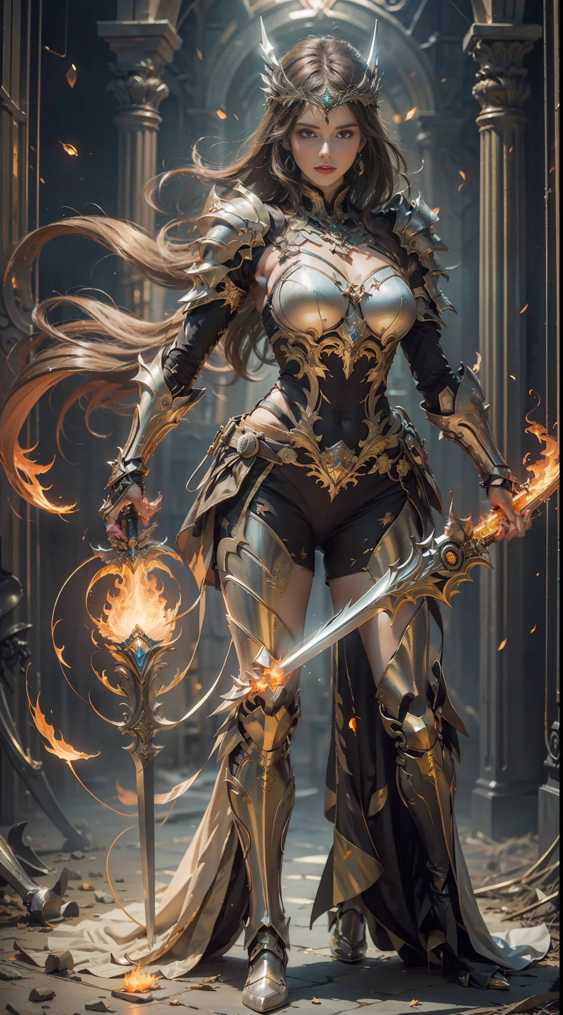 (Masterpiece, Top quality, Best quality, offical arts, Beautiful and aesthetic:1.2),(8K, Best quality, Masterpiece:1.2),CGDivine Sword SW, weapon, Sword, armor, holding, holding weapon, holding sword, solo, helmet, 1gril, Full armor, Shoulder armor, Standing, pauldrons, glowing, embers, female focus, gauntlets, fire, breast nail, flaming weapon, glowing weapon, flaming sword, Knight, Full body, yellow glow, orange grow,