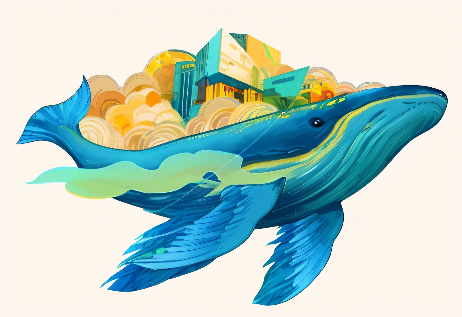 there is a blue whale that is flying in the air, flying whale, an illustration of inspired by Victo Ngai, flying whale, space magical whale, victo ngai style, cyborg whale, blue whale, sky whales, stylized digital illustration, botticelli and victo ngai, victo ngai and surrealism, whale