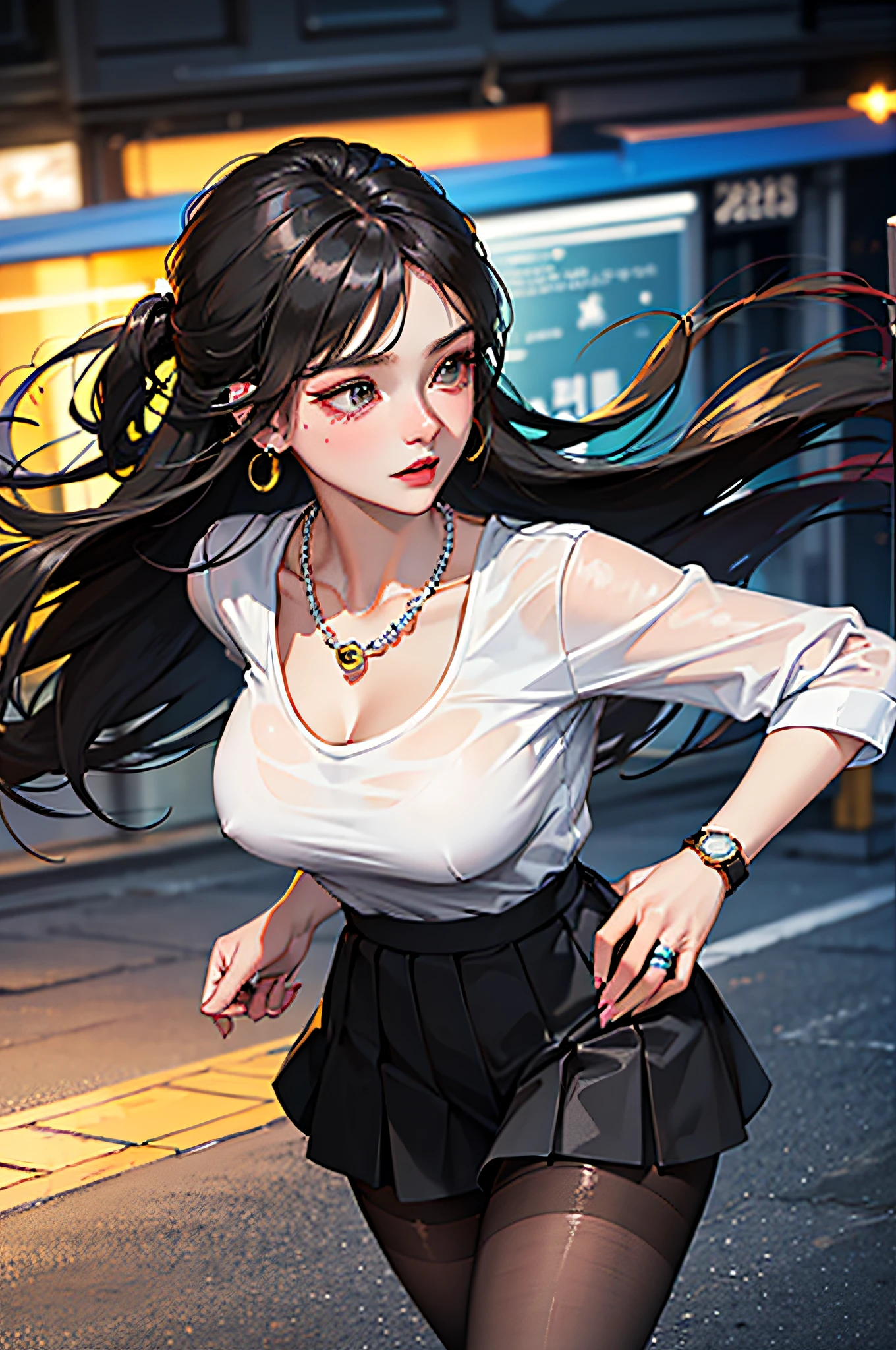(bestbestquality,8K,A Masterpiece),(A pretty maiden,with long black hair,Long messy hair,curly hair,huge eyes:1.3,Long eyelashes,Delicate makeup:1.4,Sexy lips,Blushlush),(Exquisite watches,Reflective necklace,Bulgari's earrings,Bulgari's ring),(Take a walk in the streets,Capture,Street photography),(Fashionable outfits,dressed in a white t shirt,nike),(Middle breast,endure),(Black oily transparent pantyhose),(Black hip skirt),Light ripe,Royal sister,Optimal light,best shadow,Cinematic Lights,28 years old,1女孩,Need,(realskin,Supple skin)raytracing,Unreal Engine 5,Reflective skin,Digital illustration,Game CG characters,Supermodel,(kpop,idol),(Body edge lighting,Colored light sources are around),There is wind blowing hair,Looking into the distance,