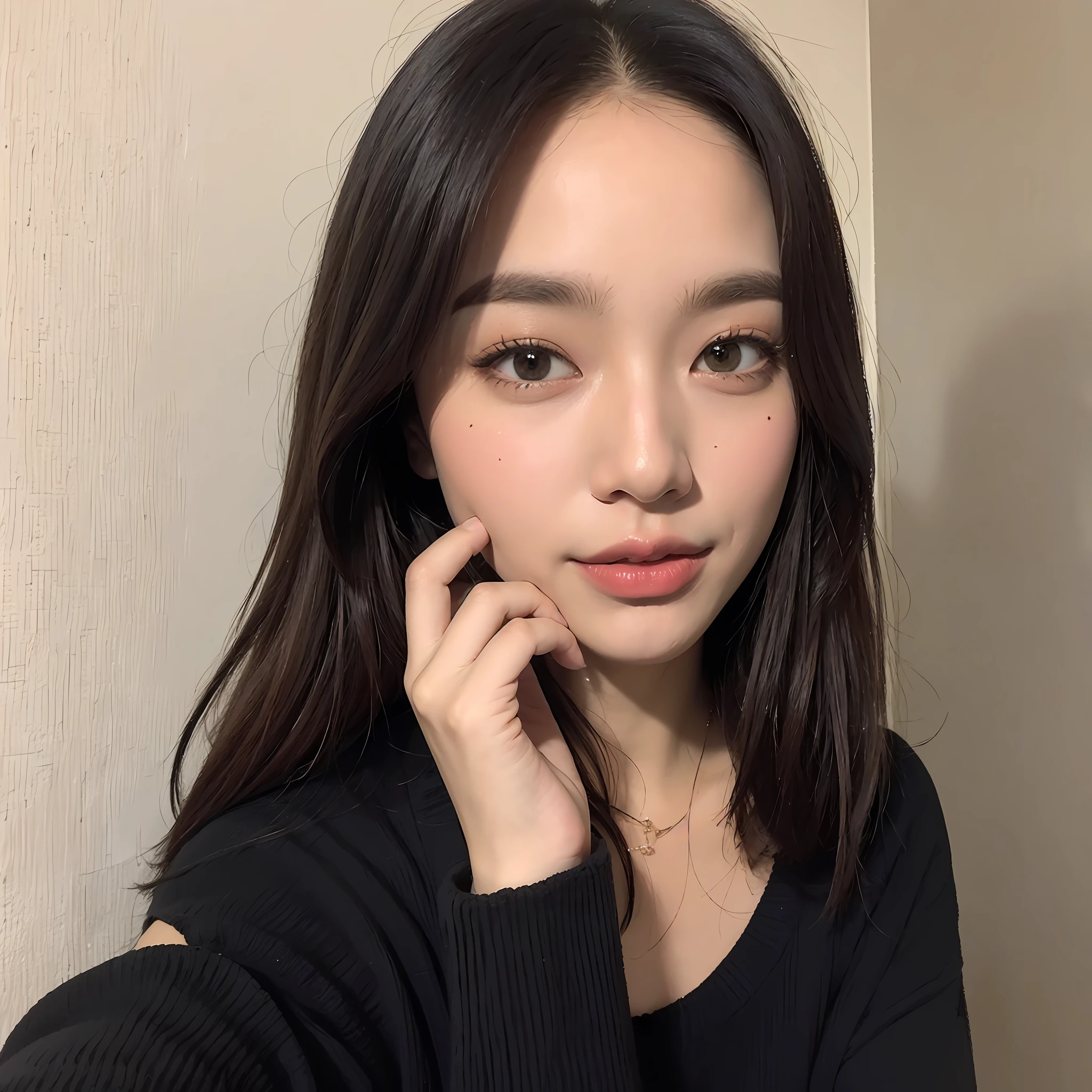 (Melhor qualidade, 8k, 32k, obra-prima, UHD: 1.2), foto da mulher modelo japonesa bonita, seios grandes, cabelo bob muito curto, parte superior do corpo, foco do rosto, oversized_sweater, colar, fundo simples, de cima, olhando para o espectador, --auto