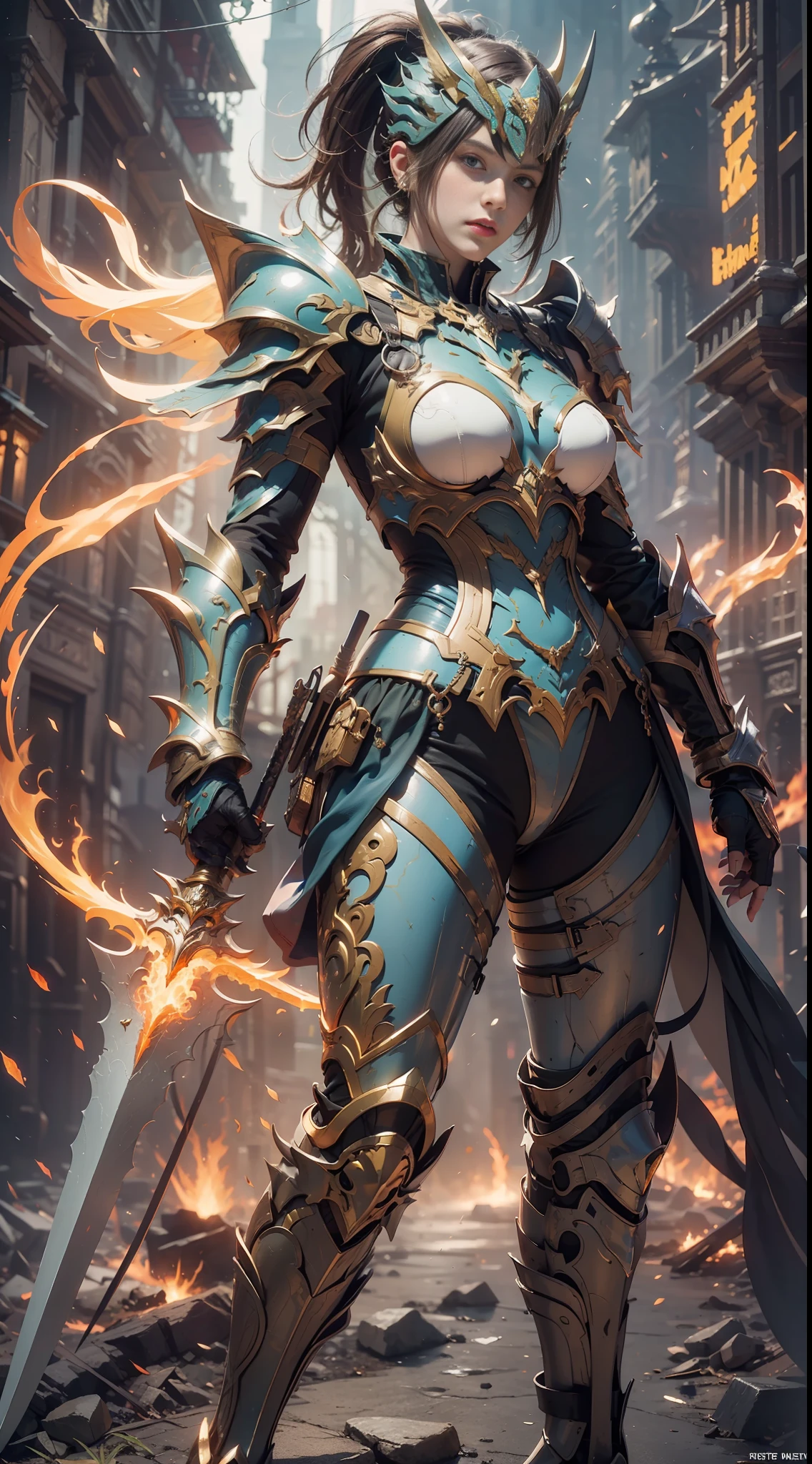 (Masterpiece, Top quality, Best quality, offical arts, Beautiful and aesthetic:1.2),(8K, Best quality, Masterpiece:1.2),CGDivine Sword SW, weapon, Sword, armor, holding, holding weapon, holding sword, solo, helmet, 1gril, Full armor, Shoulder armor, Standing, pauldrons, glowing, embers, female focus, gauntlets, fire, breast nail, flaming weapon, glowing weapon, flaming sword, Knight, Full body, yellow glow, orange grow,
