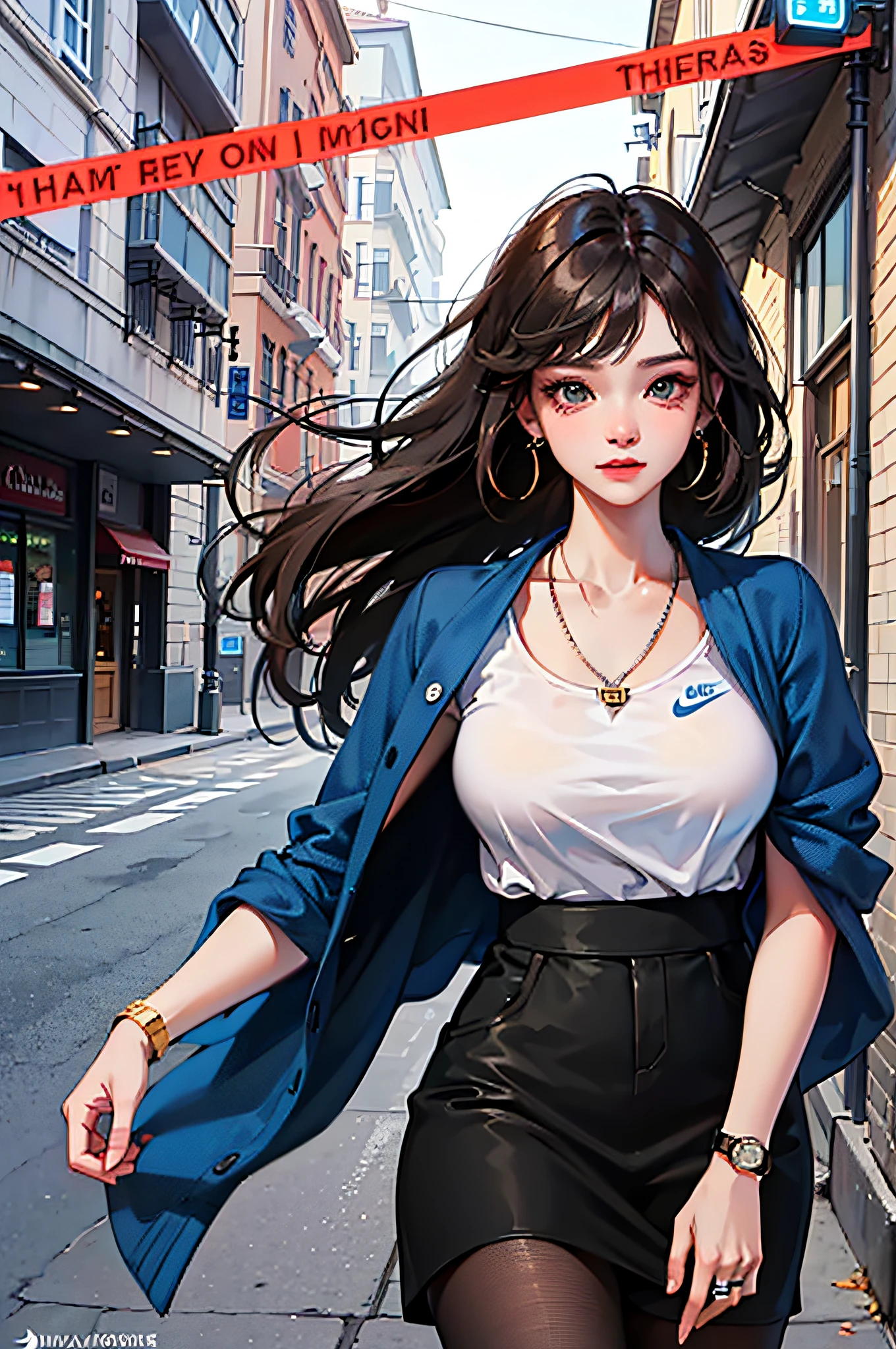 （bestbestquality，8K，A Masterpiece），(A pretty maiden，with long black hair，Long messy hair，curly hair，huge eyes:1.3，Long eyelashes，Delicate makeup:1.4，Sexy lips，Blushlush)，(Exquisite watches，Reflective necklace，Bulgari's earrings，Bulgari's ring)，(Take a walk in the streets，Capture，Street photography），（Fashionable outfits，dressed in a white t shirt，nike），（Middle breast，endure），(Black oily transparent pantyhose），（Black hip skirt），Light ripe，Royal sister，Optimal light，best shadow，Cinematic Lights，28 years old，1女孩，Need，（realskin，Supple skin）raytracing，Unreal Engine 5，Reflective skin，Digital illustration，Game CG characters，Supermodel，（kpop,idol），(Body edge lighting，Colored light sources are around)，There is wind blowing hair，Looking into the distance，