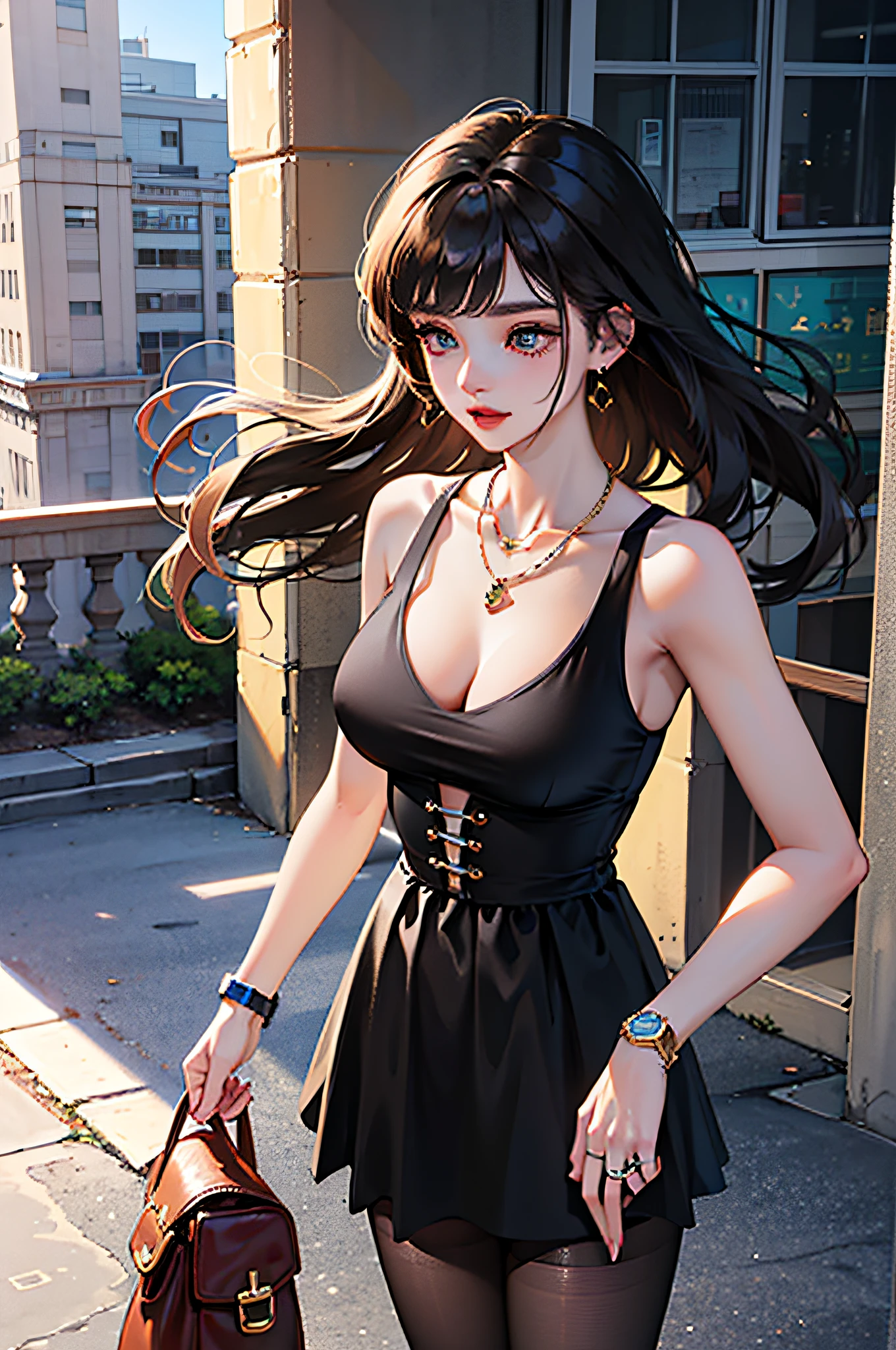 (bestbestquality,8K,A Masterpiece),(A pretty maiden,with long black hair,Long messy hair,curly hair,huge eyes:1.3,Long eyelashes,Delicate makeup:1.4,Sexy lips,Blushlush),(Exquisite watches,Reflective necklace,Bulgari's earrings,Bulgari's ring),(Take a walk in the streets,Capture,Street photography),(Fashionable outfits,dressed in a white t shirt,nike),(Middle breast,endure),(Black oily transparent pantyhose),(Black hip skirt),Light ripe,Royal sister,Optimal light,best shadow,Cinematic Lights,28 years old,1女孩,Need,(realskin,Supple skin)raytracing,Unreal Engine 5,Reflective skin,Digital illustration,Game CG characters,Supermodel,(kpop,idol),(Body edge lighting,Colored light sources are around),There is wind blowing hair,Looking into the distance,