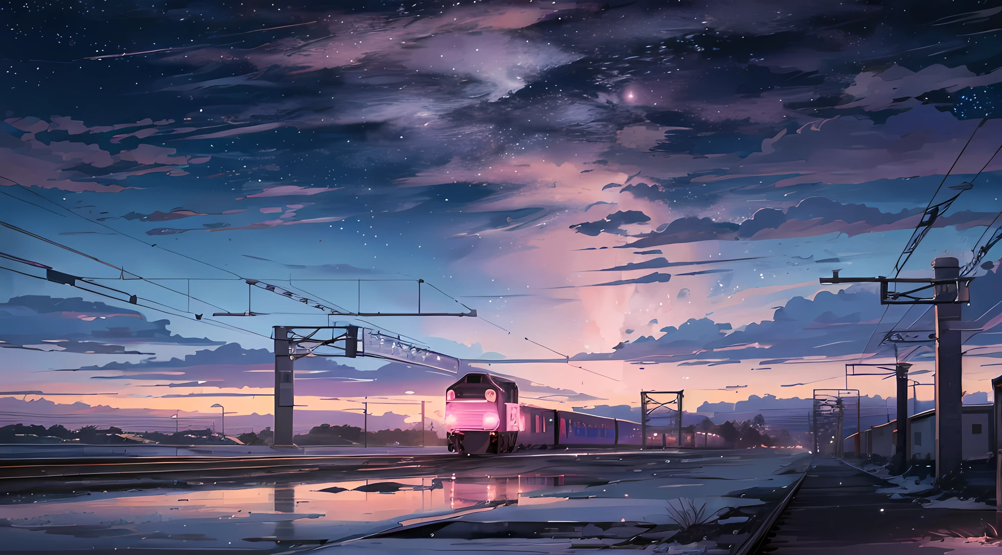 anime scene of a train passing under a pink and purple sky, an anime drawing by Makoto Shinkai, trending on pixiv, magical realism, beautiful anime scene, cosmic skies. by makoto shinkai, ( ( makoto shinkai ) ), by makoto shinkai, anime background art, style of makoto shinkai