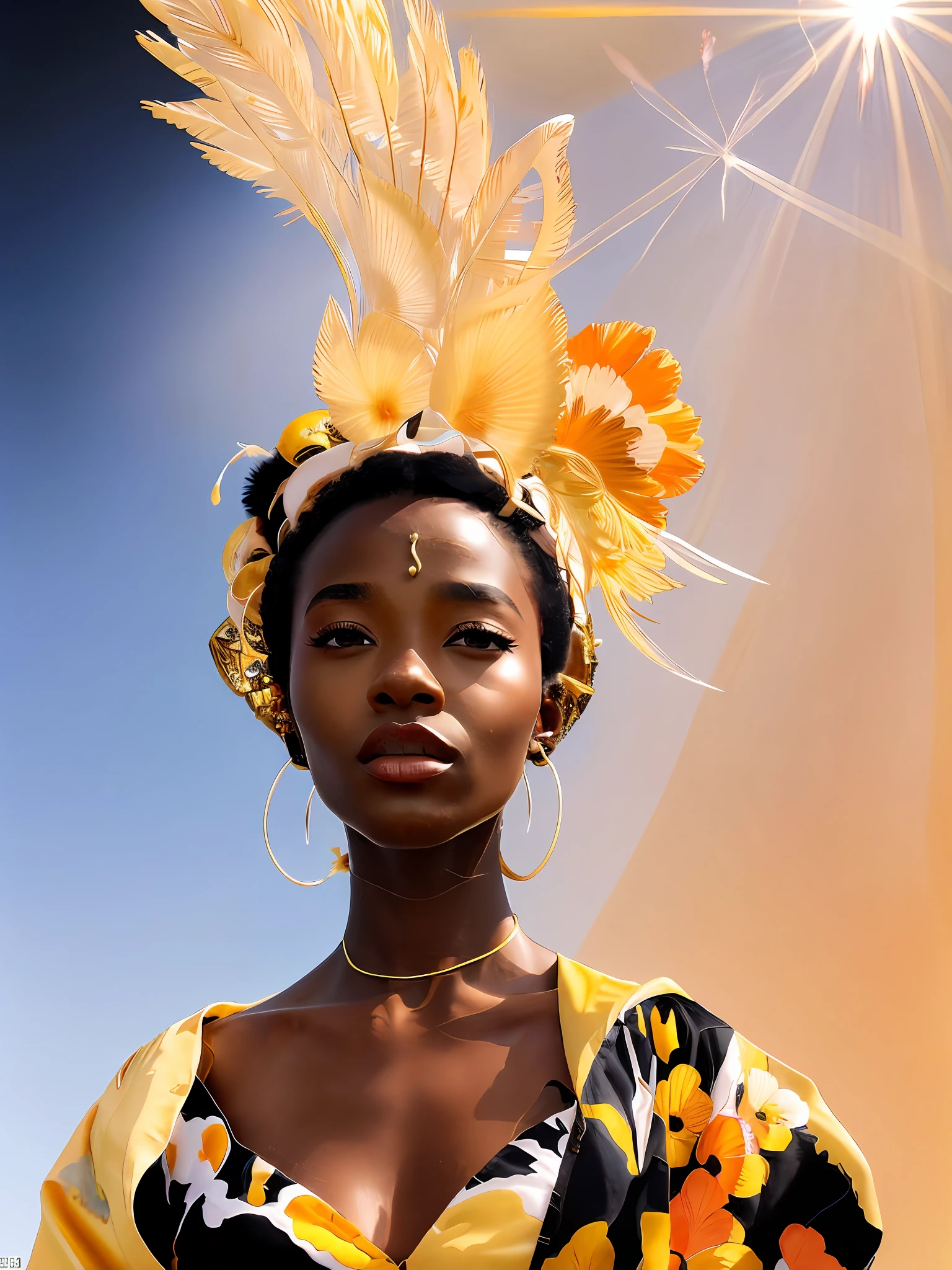 Vogue, Bazaar, Pop, Magazine style. close up portrait of a beautiful ((black dark skinned)) 27 year old ((African female)) in a very colourful flower filled plain on a bright sunny day, sun in sky, super realistic facial features, colourful futuristic golden fashionable clothes, sunny, raw, epic, film stock, sky full of birds, brightly lit, African woman wearing flowing golden robes flapping in the wind, patterns from dress fly into the wind; by Hajime Sorayama, Greg Tocchini, Virgil Finlay, sci-fi, colors, neon lights. line art.