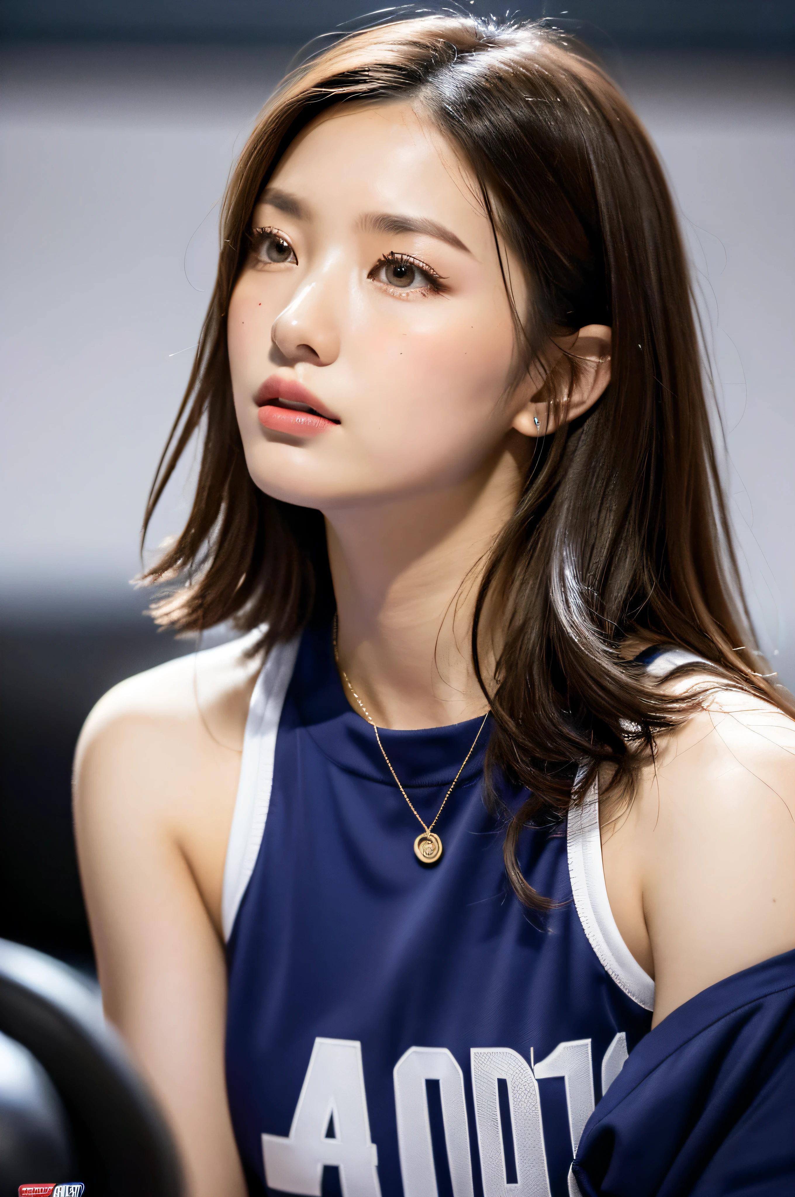 (RAW photo, 4k, masterpiece, high resolution, extremely complex) (realistic: 1.4), cinematic lighting Delicate girl with facial features,
1 Girl, Single Focus, Summer Noon, Hot, 1990s\(Style\), best quality, ultra high res, (((Very detailed face)))), ((Very detailed eyes and face)))), Beautiful detail eyes, (photorealistic:1.4), 1girl, crop-top shirt, necklace, (faded ash gray hair:1), (big breasts:1.2),full body portrait, (Best Quality), (Highres), (An Extremely Delicate and Beautiful),,(Beautiful 8k face),(Brown Eyes),(ulzzang-6500:1.0),(solo),( looking side),(spectators),(large breasts),(NBA),bent over,,lookside,(side), ,(Basketball sportswear),((Play basketball)),((gymnasium)),((speed)),(reality),