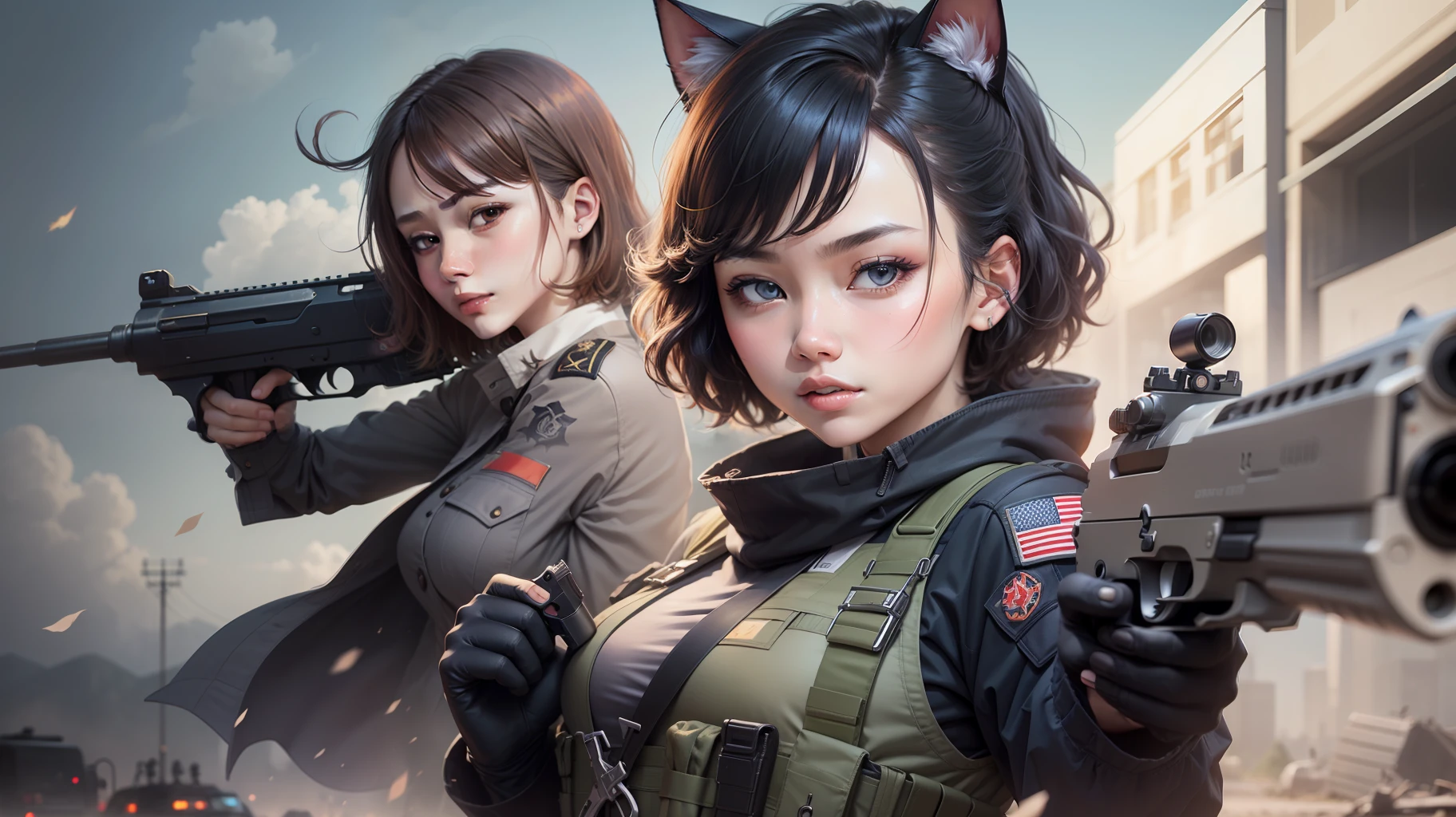 2 girls、 {{Master peace}}, short wavy hair, navy hair, black cat ear, Blue eyes,military outfit、With a gun、discord、{{Master peace}}, {{{maximum quality}}}, {{ultra- detailed}}, {{illustration}}, short hair,Purple eyes,Black hair,military outfit、With a gun、discord、Battlefield Background