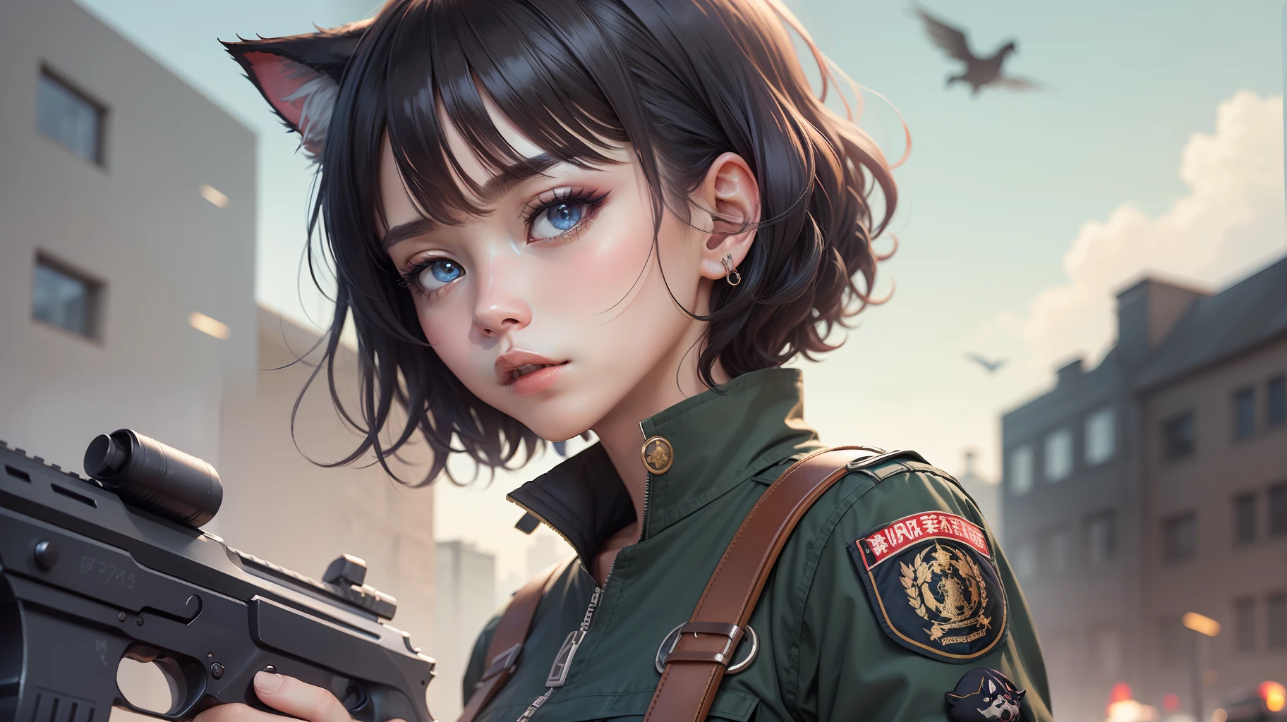 2 girls、 {{Master peace}}, short wavy hair, navy hair, black cat ear, Blue eyes,military outfit、With a gun、discord、{{Master peace}}, {{{maximum quality}}}, {{ultra- detailed}}, {{illustration}}, short hair,Purple eyes,Black hair,military outfit、With a gun、discord、Battlefield Background