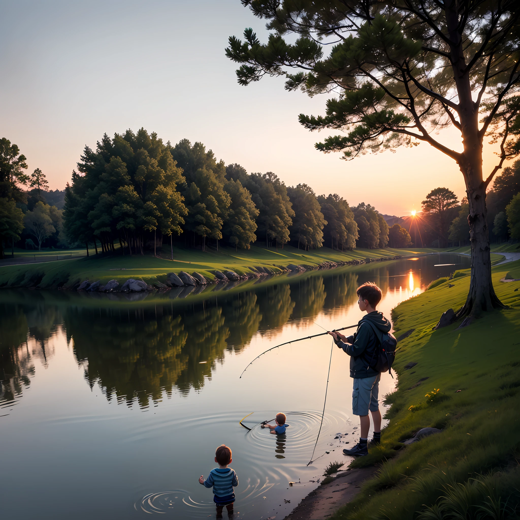 Family fishing in the countryside at dusk --auto