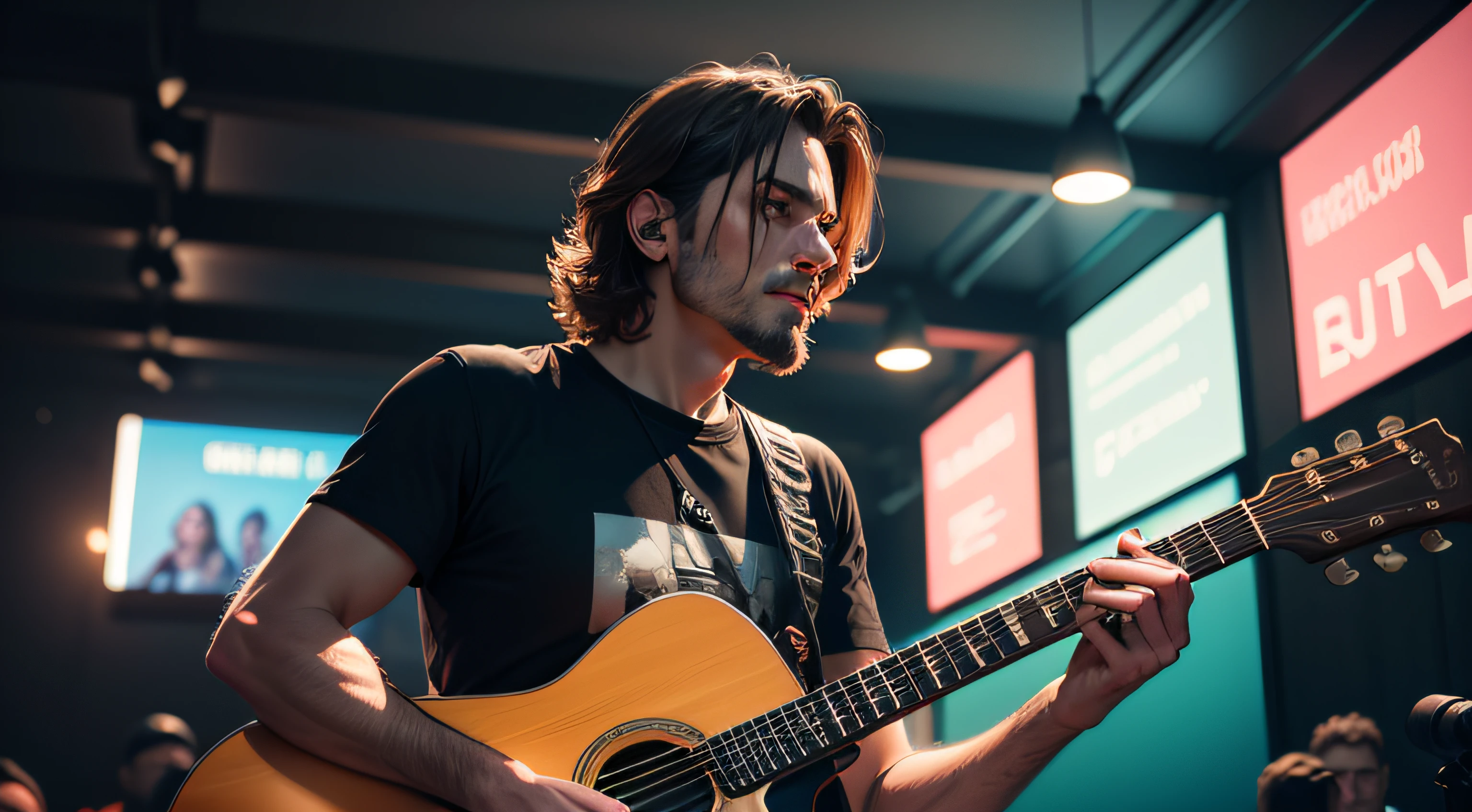 Music Program, homem cantando, with guitar, far view, estrutura gigante, estrutura boa, noite, palco grande, musician on stage, microphone in hand, boca aberta, cantor, programa, Music Program, coro, corpo inteiro, camiseta preta, muita gente, crowd, cantor, Cidade, noite, sidewalk, noite bonita, Cinematic Realistic, render retrato 8k, cinematic realistic photo, realistic face moody lighting, imagem ultra realista, arte de personagem motor irreal, Arte cyberpunk 8K ultrarrealista, Cinematic, Estilo de arte fotorrealista, um ultra realista, tiro retrato detalhado, homem bonito, Retrato Shot 8K --auto