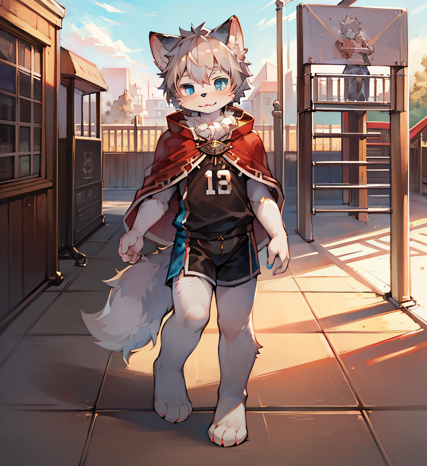 (Bright environment:0.8),masterpiece,high quality,abstract res,digital painting\(artwork\), by dagasi, yupa,kiyosan,(anthro,fluffy fur,character focus:1.1),anthro male cat,short hair,portrait , Bright eyes, Panoramic View, Character focus.(Detailed background:0.7), solo, shaggy, Hairy male, Male focus, anthr,(Full body fur, Fluffy tail, White fur, Blue eyes, Gray hair:1.2), (Long canids、jock、capelet：1.2），（exterior、During the Day、playground、basketball：1.1）