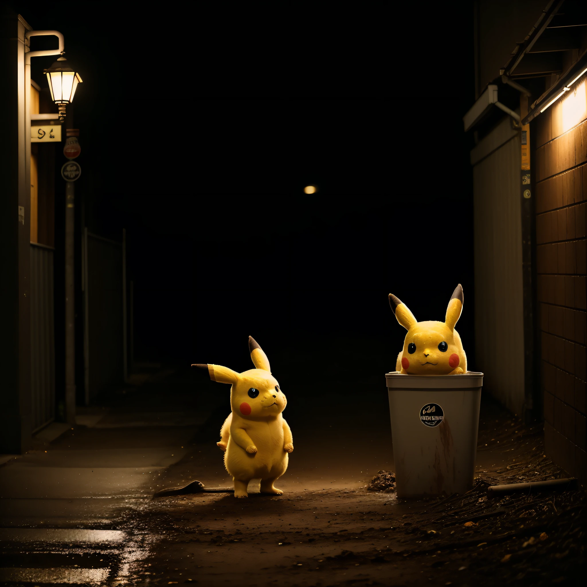 RAW photo, absurdres, high quality, photorealistic, vintage photograph, muddy color grading, sepia, 
full shot portrait of sad pikachu standing next to a trash can,
street lights, night, dark alley, solo, 8k uhd, dslr, film grain