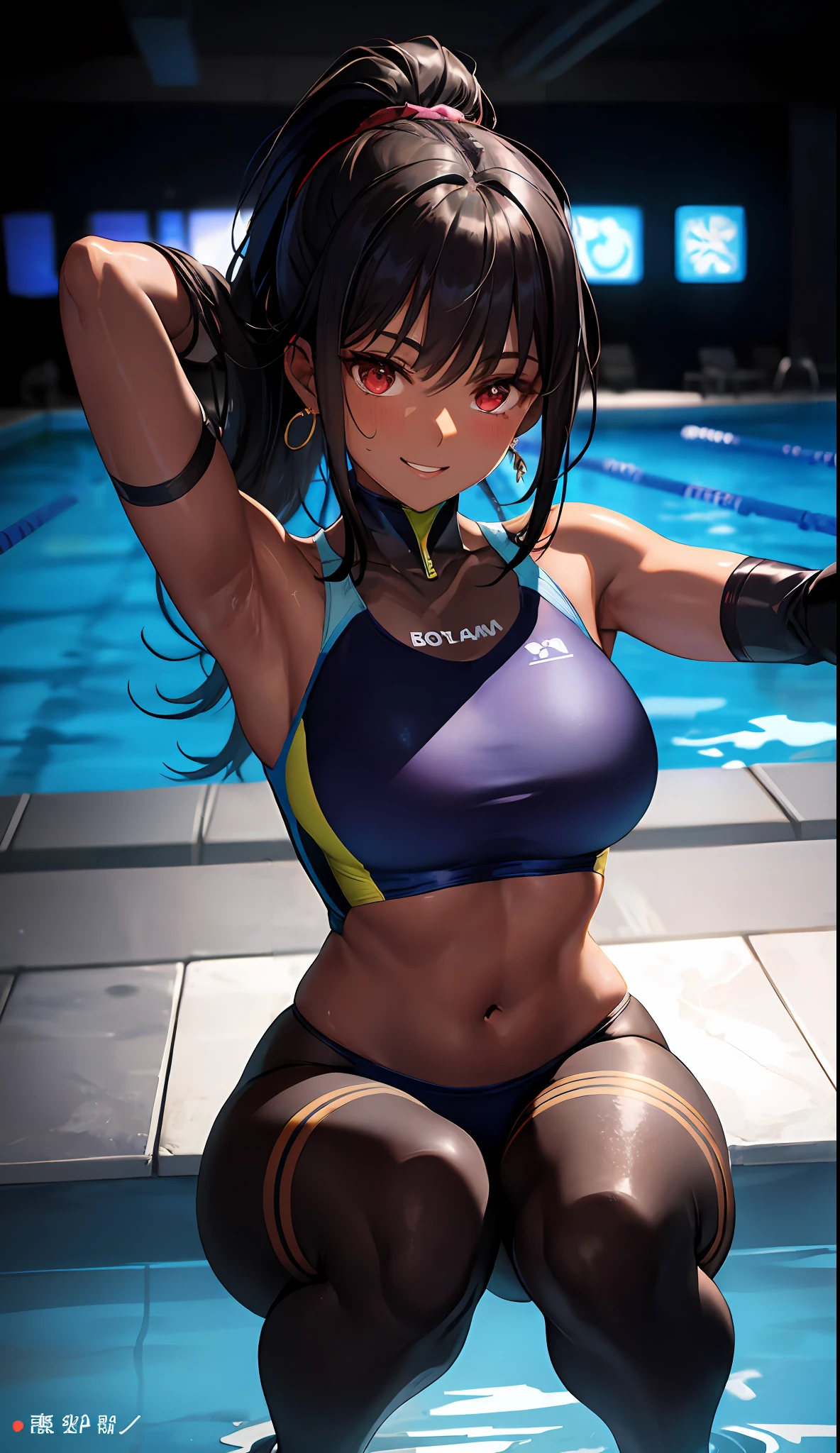 A Masterpiece、beautiful  lighting、Detailed beautiful face、Detailed beautiful eyes、A high-resolution、Ultra-fine illustration、extremely delicate and beautiful、maximum quality、The whole body is shown、(熟女:1.2), solo, 30s,（(dark skinned:1.5)), (Black hair, blunt bangs ,a ponytail,Red eyes),, Curvaceous, (lustrous Some hair, shiny eyes, shinny skin), laugh, a smiling look, (Radiant skin:1.2), 、(crouch)、Squat、Open legs、front facing、opening crotch、thighhights、(Covered navel)、pelvic curtain、gloves、Elbow gloves、armpits、a smiling look、black thighhighs、Watch your audience、earings、with arms up、under boob、blushed、perspiration、gemstones、thick thigh、gloves、Bangs、arm behind head、(Competitive swimsuit)、Spread your legs、Parting lips、pantyhose、Blushing cheeks、background a pool、brightly lit、high heels