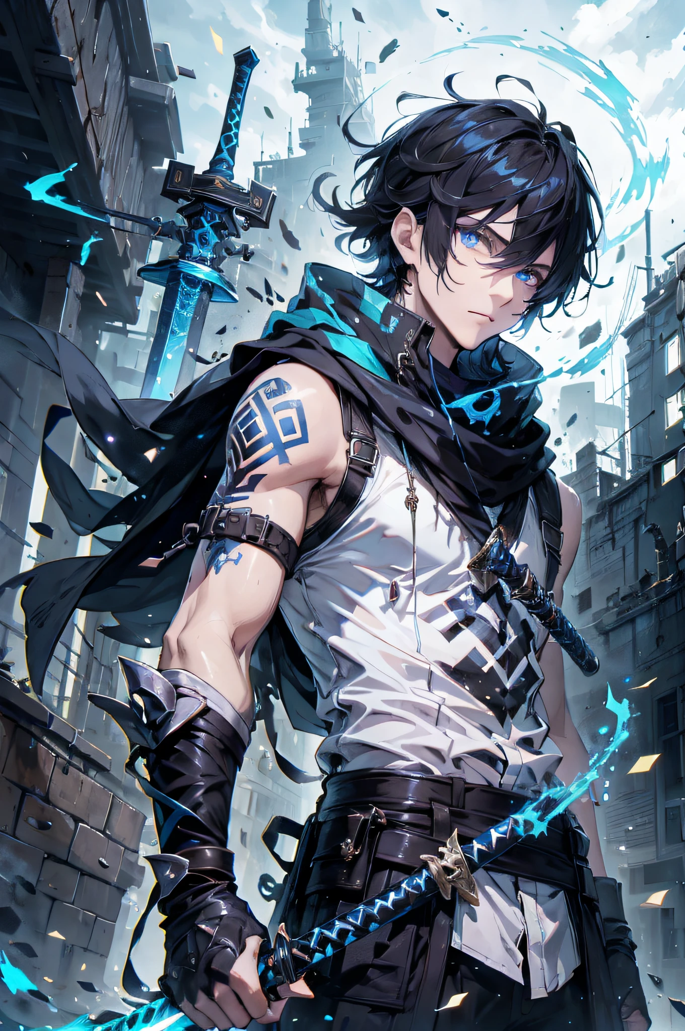 (absurdres, highres, ultra detailed), masterpiece, best quality, real light and shadow, solo, a boy with black hair, white sleeveless outfits, handsome, finely eye, detailed face, detailed eye, black scarf, two swords, dual-swords, a swords surround by blue flame, tattoo, from below, look down, ruined city, dark background, swirl, spark, cowboy shot, BREAK, blue eyes, BREAK, GlowingRunes_paleblue sword,