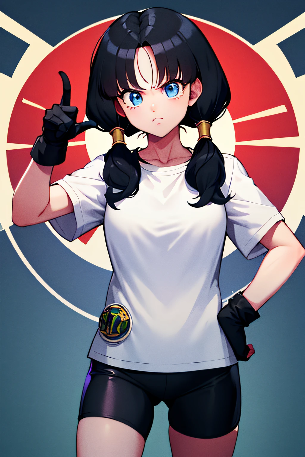 masterpiece, best quality, highres, videl2, solo, blue eyes, black hair, twintails, black gloves, bike_shorts, bangs, white shirt, badge, medium breasts, cowboy shot, frown, hand on hip, leaning forward, pointing at viewer,