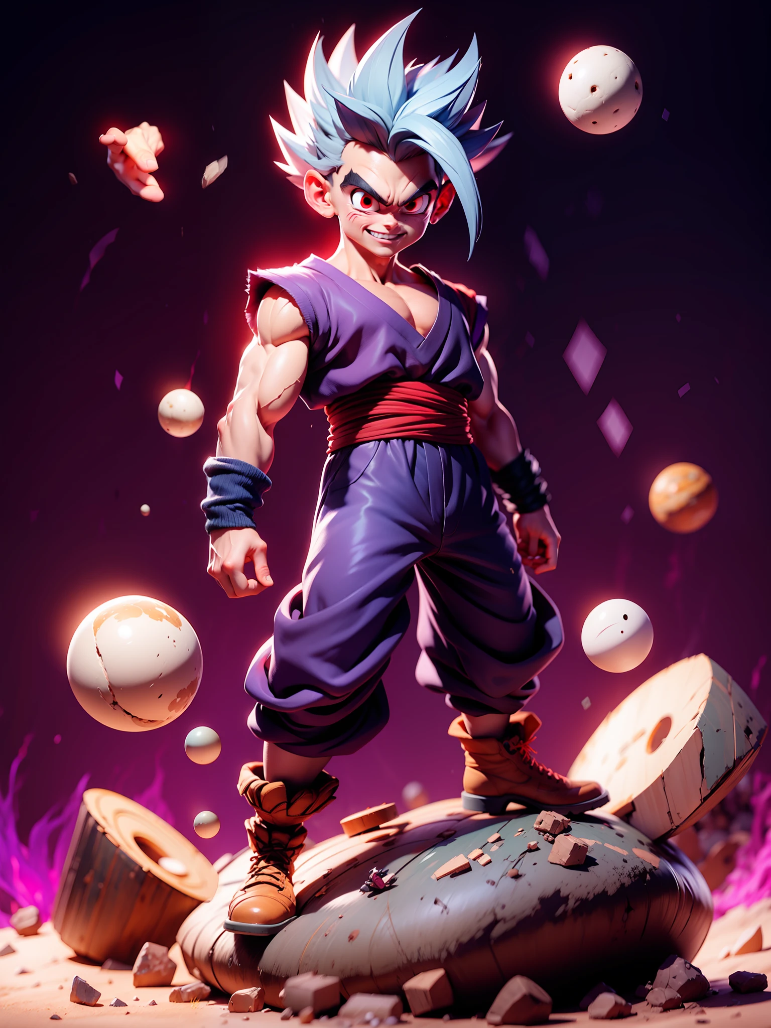 masterpiece, best quality, ultra-detailed, Adult Gohan 1boy, solo, Full body, evil smile, grey hair, spiked hair, (((red eyes))), (((perfect eyes))), (((PURPLE dougi))), full body, looking at viewer, male focus, earth \(planet\), planet, space, cracked ground and lots of rocks rising up, lots of debris going up, perfect hands . Cute, chibi,