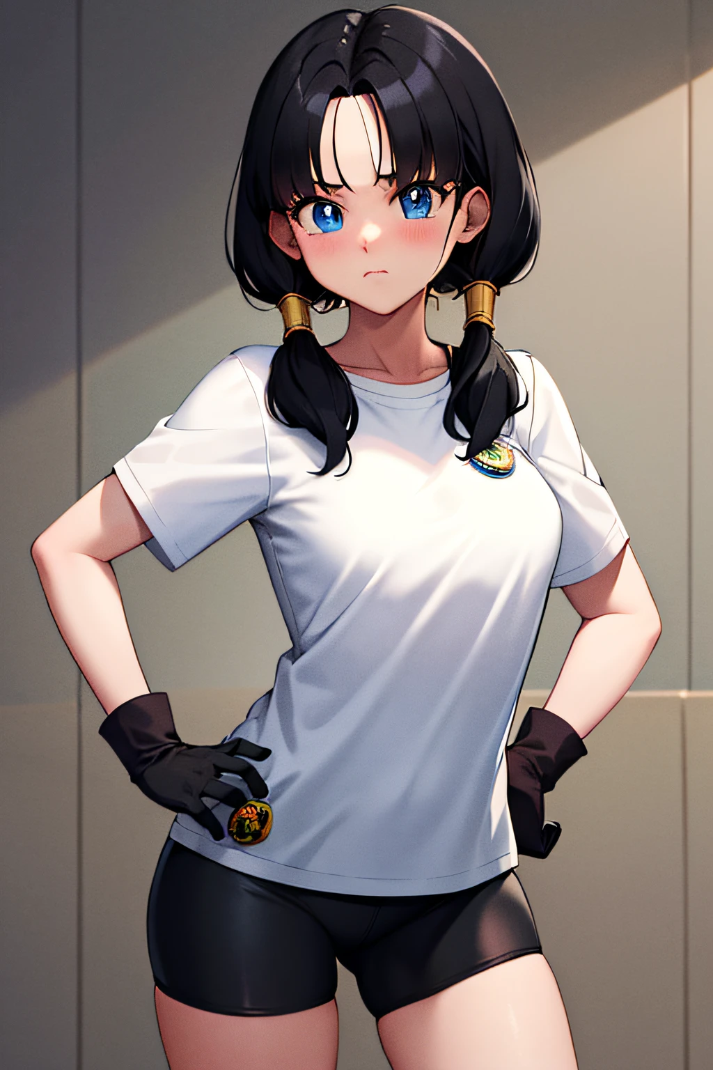 masterpiece, best quality, highres, videl2, solo, blue eyes, black hair, twintails, black gloves, bike_shorts, bangs, white shirt, badge, medium breasts, cowboy shot, frown, hand on hip, leaning forward, pointing at viewer,