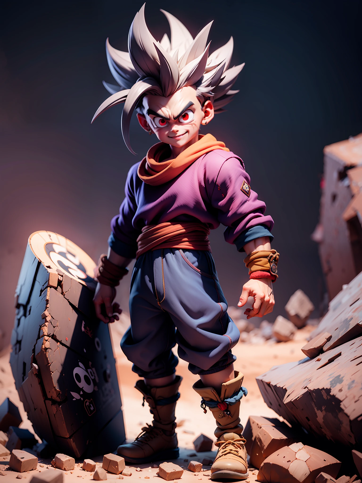 masterpiece, best quality, ultra-detailed, Adult Gohan 1boy, solo, Full body, evil smile, grey hair, spiked hair, (((red eyes))), (((perfect eyes))), (((PURPLE dougi))), full body, looking at viewer, male focus, earth \(planet\), planet, space, cracked ground and lots of rocks rising up, lots of debris going up, perfect hands . Cute, chibi,