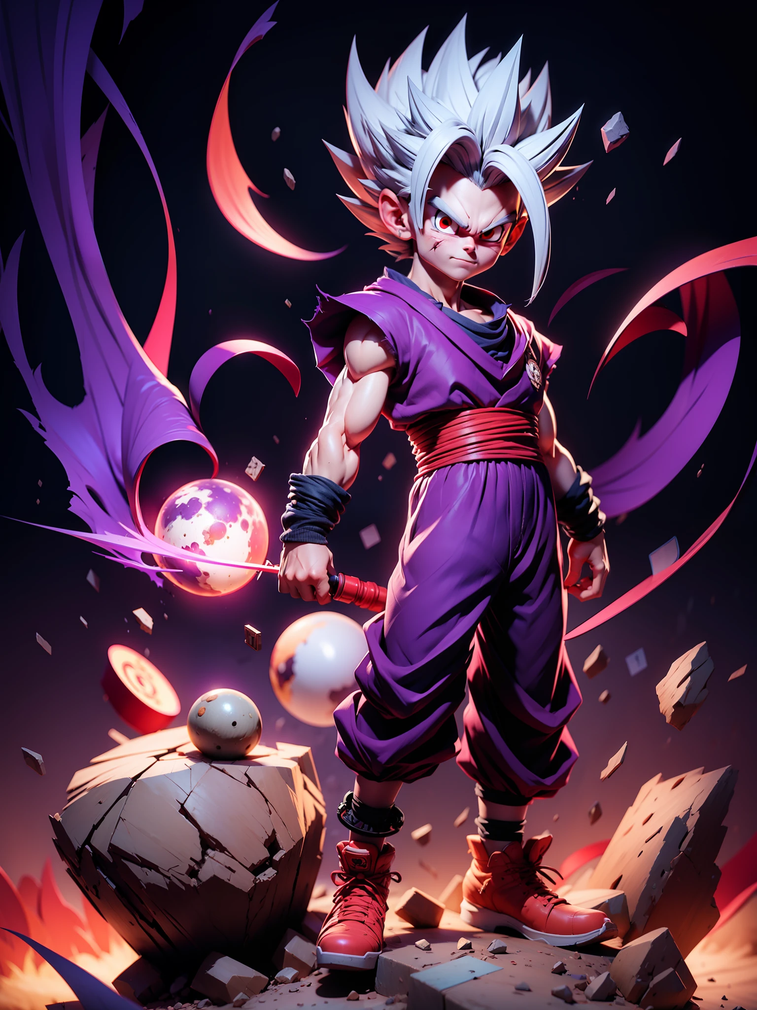 masterpiece, best quality, ultra-detailed, Adult Gohan 1boy, solo, Full body, evil smile, grey hair, spiked hair, (((red eyes))), (((perfect eyes))), (((PURPLE dougi))), full body, looking at viewer, male focus, earth \(planet\), planet, space, cracked ground and lots of rocks rising up, lots of debris going up, perfect hands . Cute, chibi,