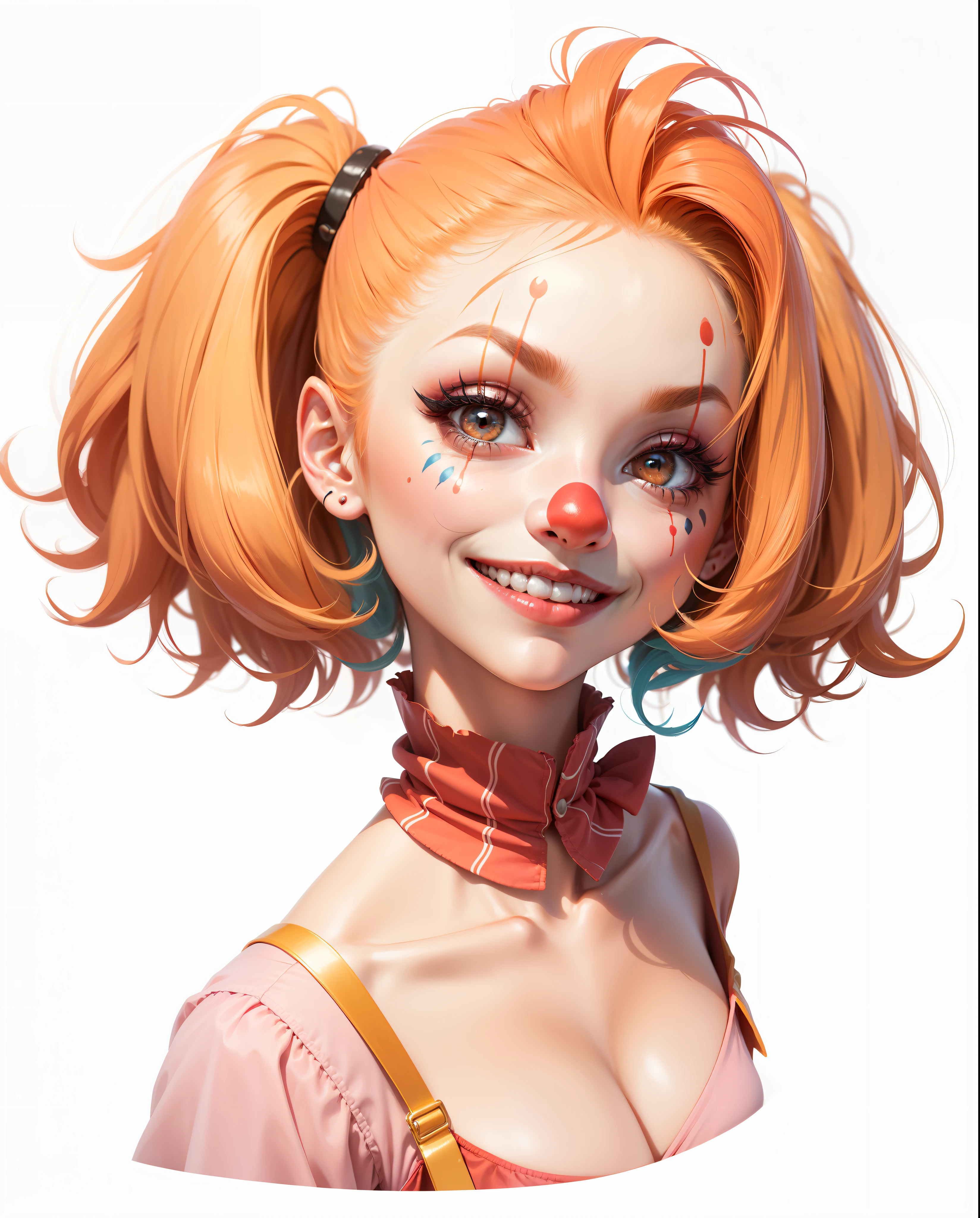 The clown is cartoonish, she has cute clown makeup with painted pinches on her face, a clown red nose, a painted white face, painted red pink pink shirts, she has a cute face, she smiles