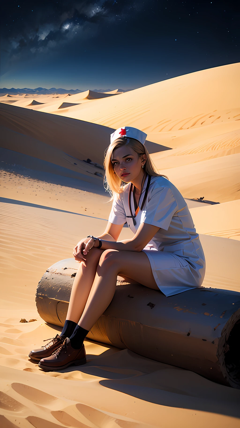 Blonde woman dressed as a nurse sitting in front of a fire pit with a cup of tea, , Toma de retrato, frente al desierto, Primer plano medio, Toyota Hilux en el fondo, en el desierto, Detalles sutiles, en el desierto, Plano cercano medio, Estilo Dune, desert setting, Hora dorada de la noche, Hora de la noche, Cerrar retrato --auto