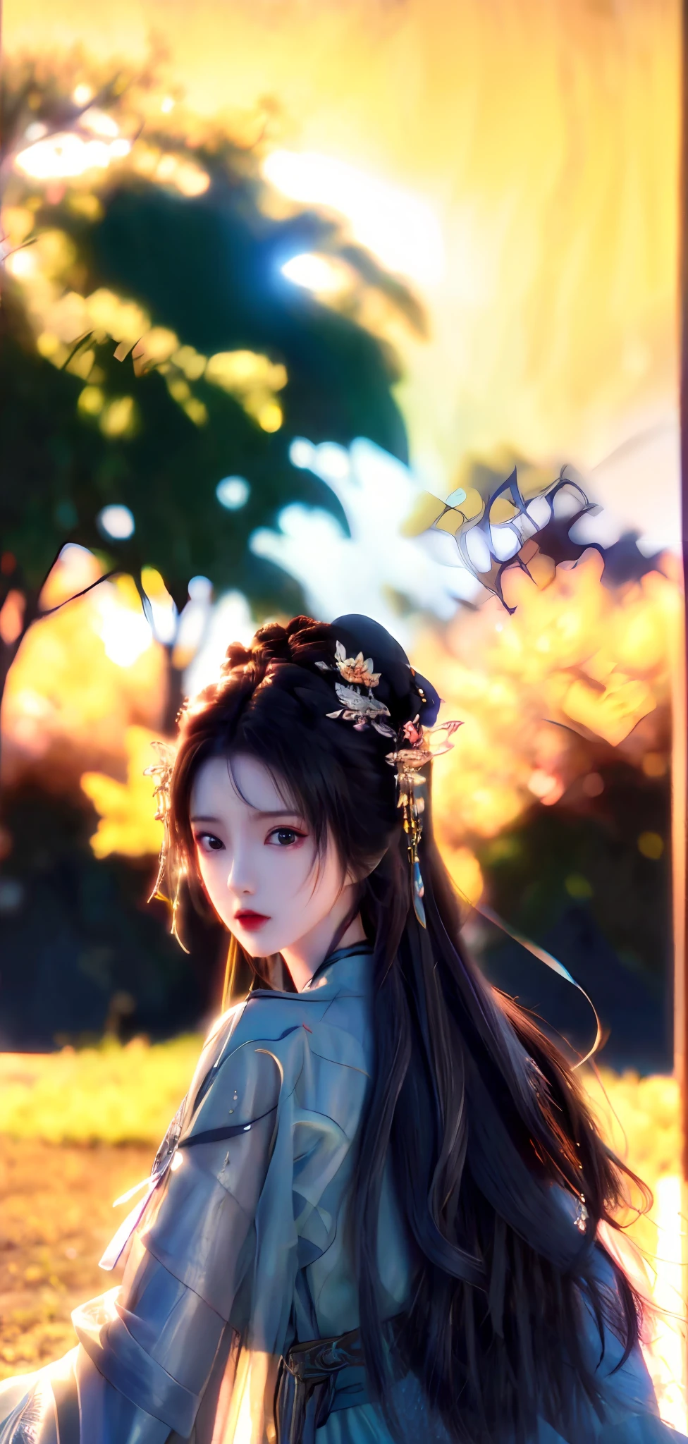 [:( High Detail Face:1.2):0.1], (8k, RAW photo, best quality, mastery:1.2), (realistic, photo-realistic:1.37), (((back))),((upper body)), best quality, HDR, cinematic lighting, natural lighting, best quality, masterpiece, high resolution, 1girl, supple, hair accessory, necklace, jewelry, beautiful face, body, Tyndall effect, realism,, edge lighting, duotone lighting, 8k uhd, DSLR, soft light, high quality, volumetric lighting, photo, high resolution, 4k, 8k, bokeh, ((Hanfu)),