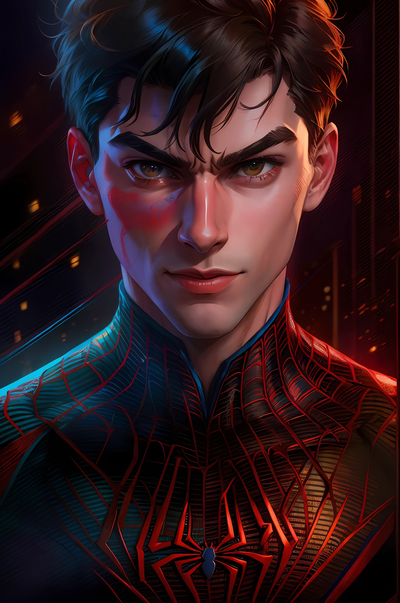 homem usando roupa do homem aranha, peter Parker, altamente detalhada, retrato do homem-aranha, spider - estilo de arte spider - verse, Peter Parker como Homem-Aranha