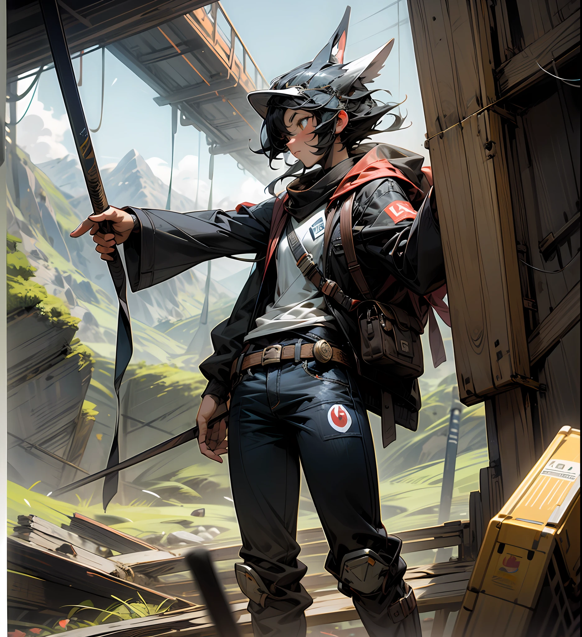 Um jovem caminhando com seu border collie marrom na natureza nas montanhas. Imagens em cartons, clear sky, headgear, bigode, boot on the feet. --auto