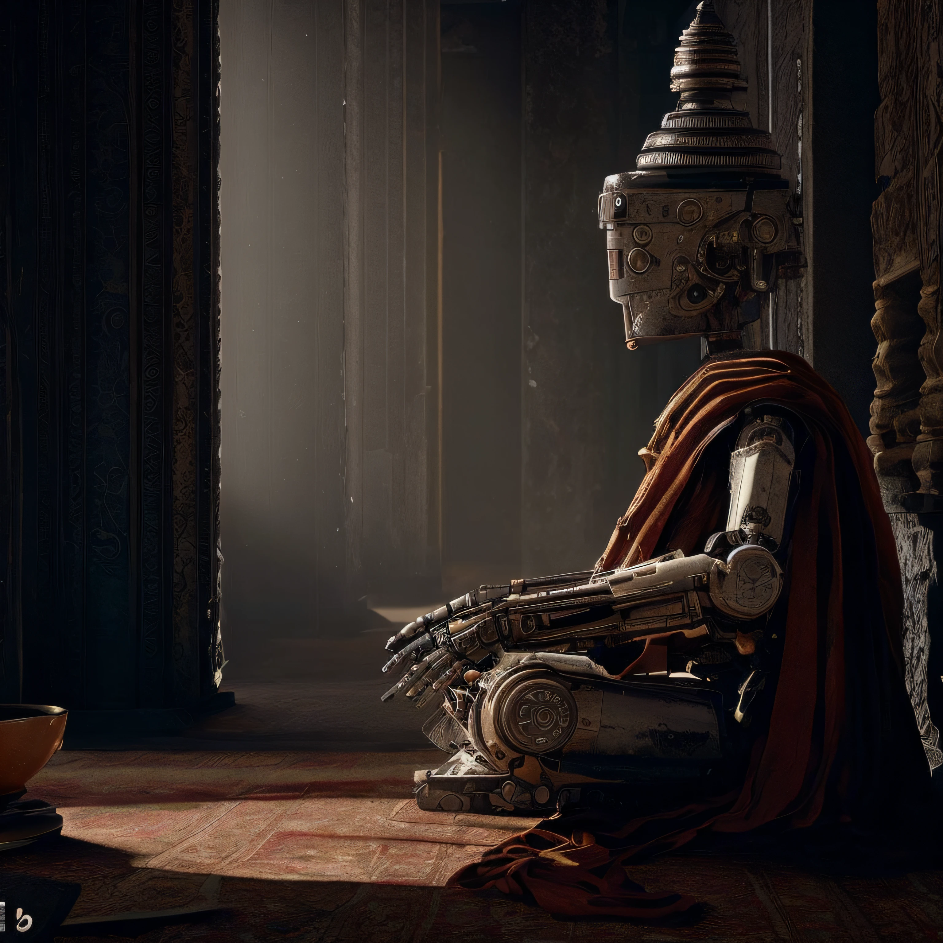 there is a robot sitting on the floor in a room, um ciborgue meditando, cinematic unreal engine 5, unreal engine 5 render dramatic, detalhado unreal engine 5 render, Unreal Engine 5 Arte Digital, Zen Cyberpunk Meditation, Unreal Engine 5 altamente renderizado, motor irreal renderizado 5, Unreal Engine 5 renderizado, Unreal Engine 5 Detalhe, cinematic render unreal engine