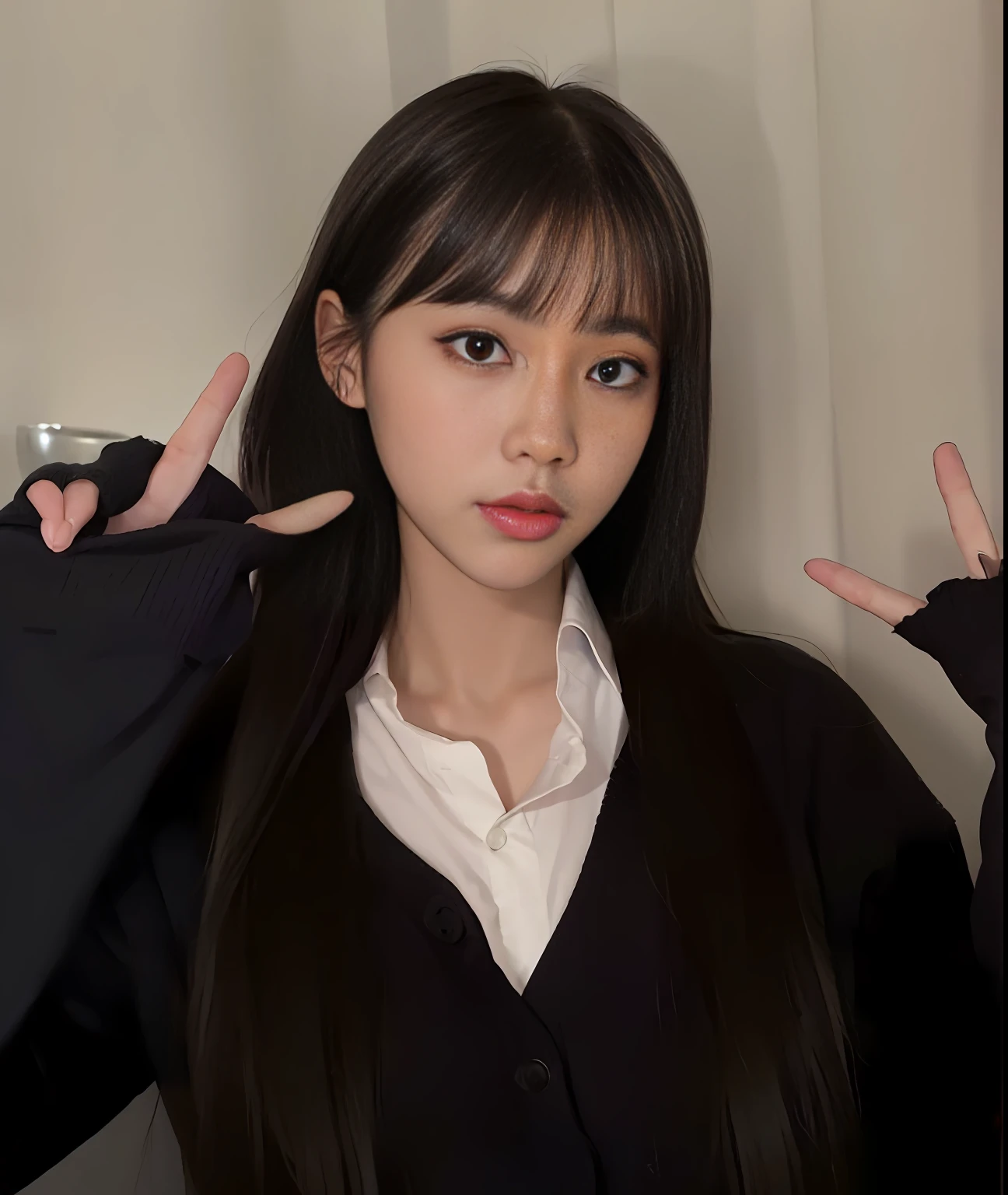there is a woman that is making a face with her hands, she has black hair with bangs, with bangs, anime girl in real life, jisoo from blackpink, with full bangs, tzuyu from twice, ulzzang, with index finger, ilya kuvshinov with long hair, sakimichan, neat hair with bangs, shikamimi