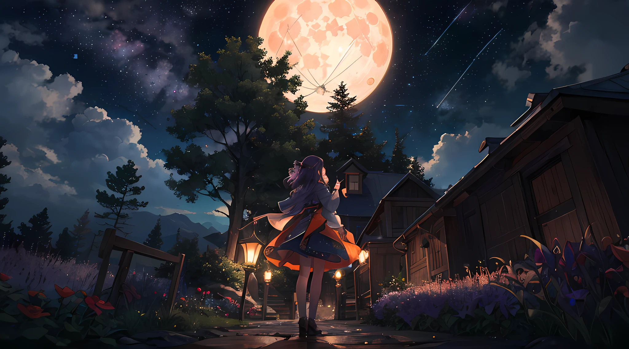 Expansive landscape photograph, (view from below with a view of the sky and wilderness below), standing in a flower field looking up, (full moon: 1.2), (shooting star: 0.9), (nebula: 1.3), distant mountain, tree break production art, (warm light source: 1.2), (firefly: 1.2), lamp, purple and orange, intricate detail, volume lighting, realism break (masterpiece: 1.2) (Best Quality), 4K, Ultra-Detailed, (Dynamic Configuration: 1.4), Highly Detailed and Colorful Details, (Iridescent Colors: 1.2), (Glowing Lighting, Atmospheric Lighting), Dreamy, Magical, (Solo: 1.2)